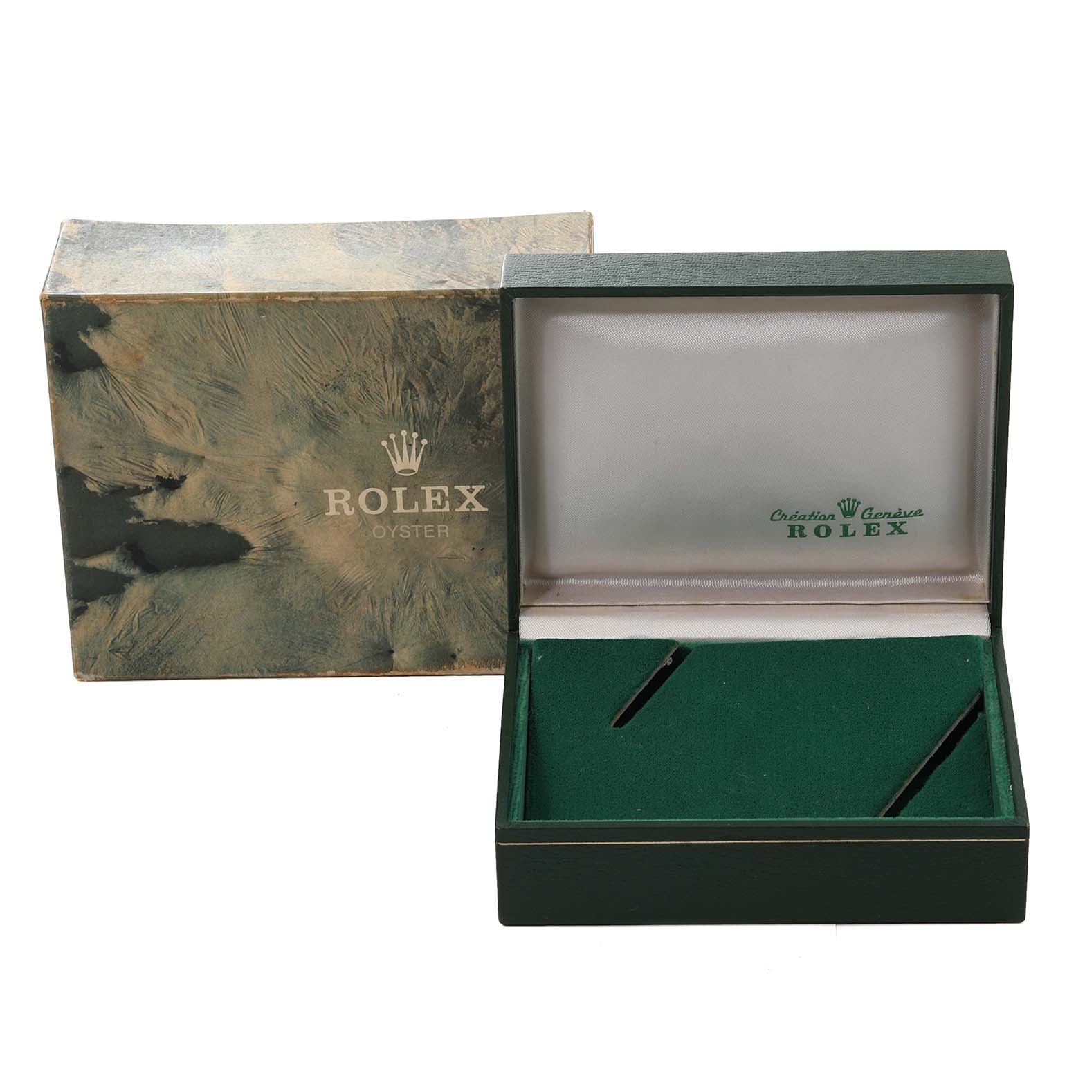 This image shows the open box and outer packaging for a Rolex Vintage Collection 16013 Men's Steel and Gold (two tone) Champagne Dial 16013 Men's Steel and Gold (two tone) Champagne Dial watch, featuring the brand's logo inside.