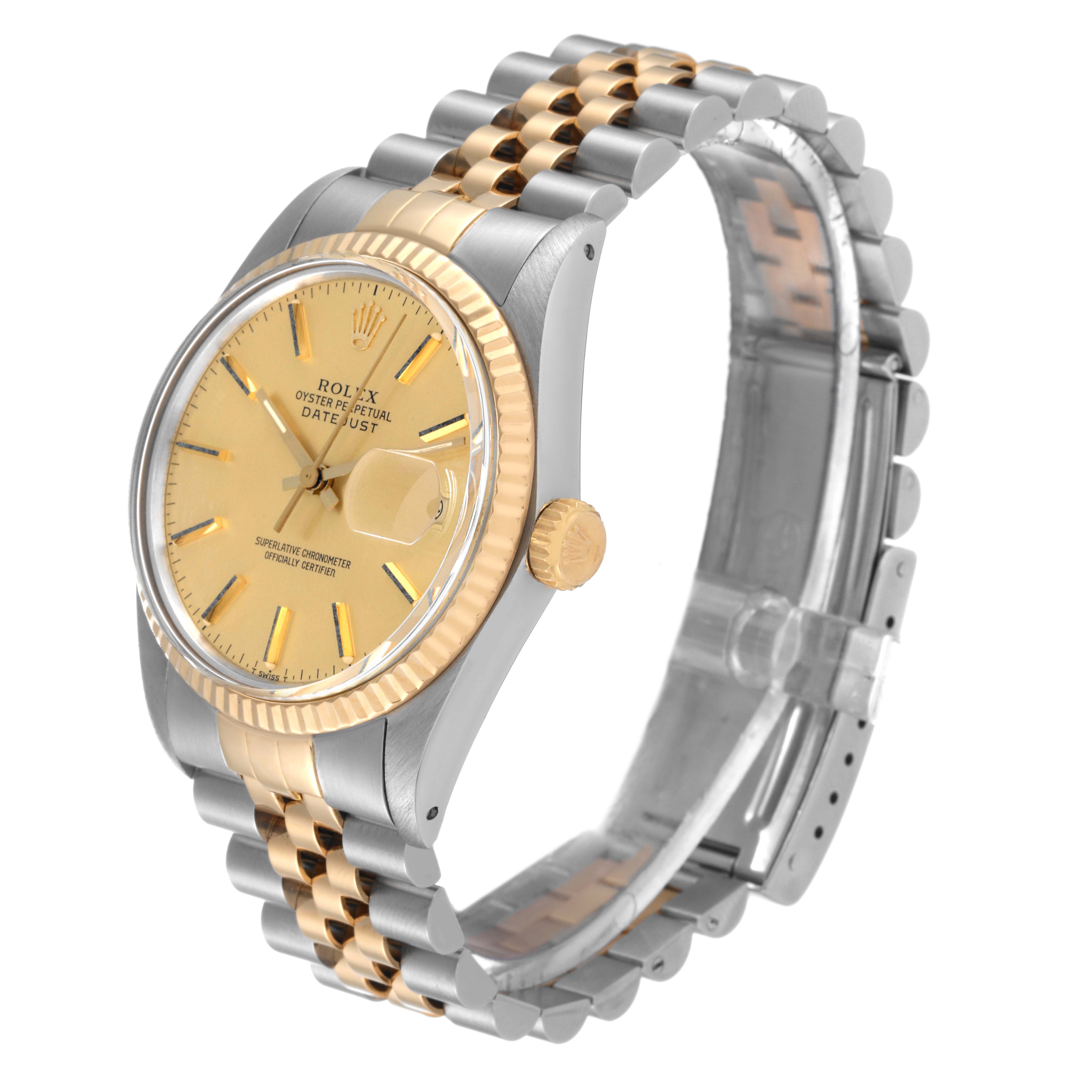 The Rolex Vintage Collection 16013 Men's Steel and Gold (two tone) Champagne Dial 16013 Men's Steel and Gold (two tone) Champagne Dial model is shown at a 3/4 angle, highlighting the gold dial, fluted bezel, and two-tone bracelet.