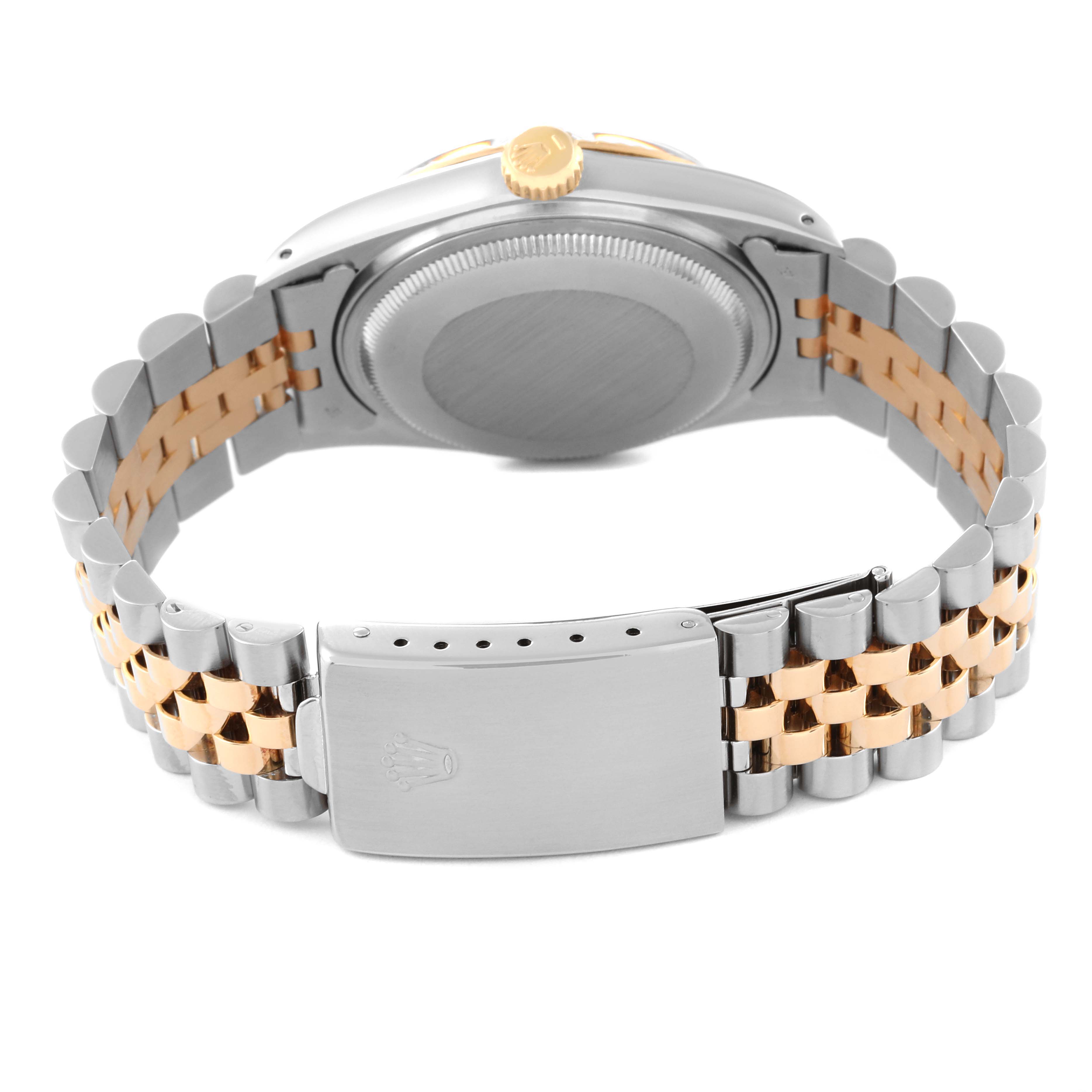 The image shows the backside of a Vintage Collection Rolex watch, highlighting its case back, crown, and two-tone bracelet.