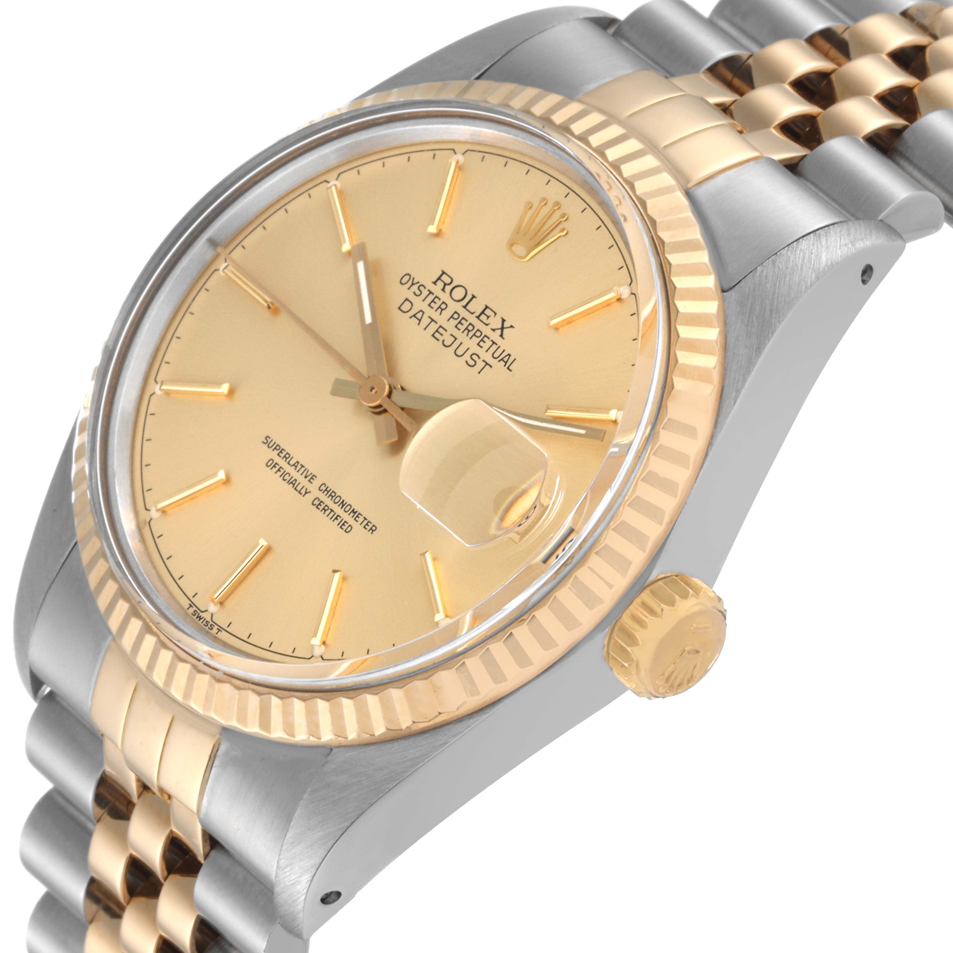 The image shows a side-angle view of a Rolex Vintage Collection 16013 Men's Steel and Gold (two tone) Champagne Dial 16013 Men's Steel and Gold (two tone) Champagne Dial Datejust watch, focusing on the dial, bezel, crown, and bracelet.