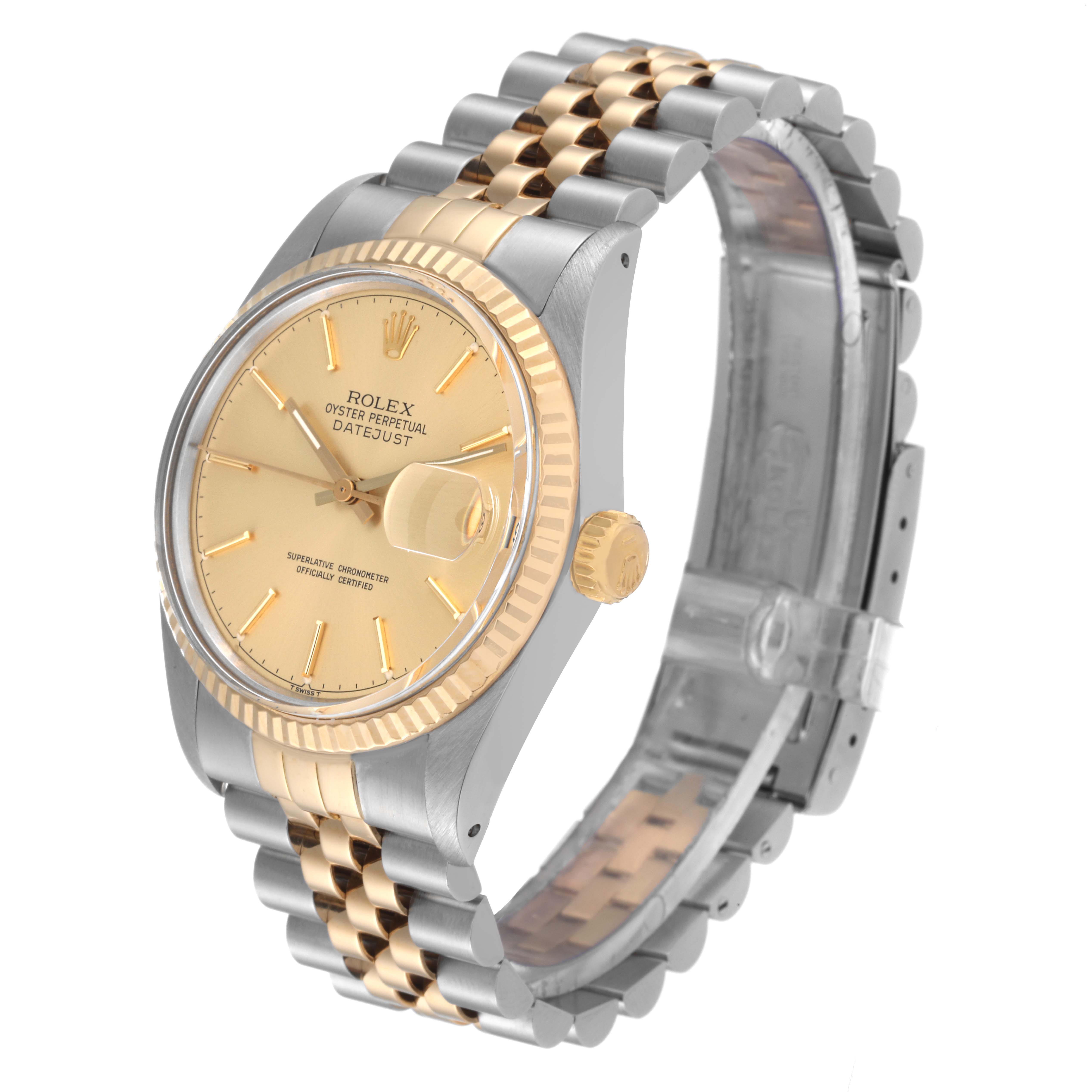 The image shows a side angle of the Rolex Vintage Collection 16013 Men's Steel and Gold (two tone) Champagne Dial 16013 Men's Steel and Gold (two tone) Champagne Dial model, featuring the watch face, bezel, crown, and a two-tone bracelet.