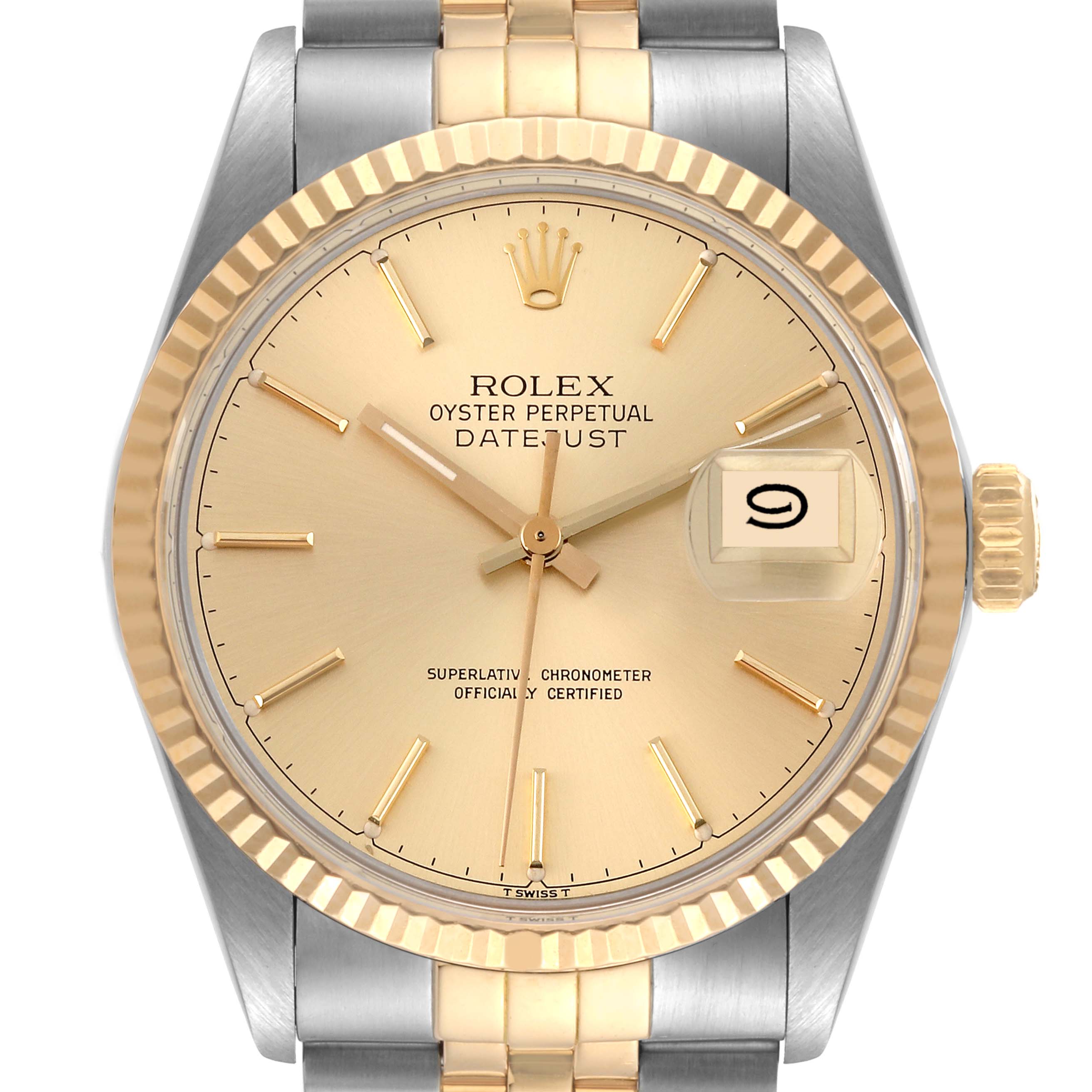 The image shows a head-on view of the Rolex Vintage Collection 16013 Men's Steel and Gold (two tone) Champagne Dial 16013 Men's Steel and Gold (two tone) Champagne Dial Datejust, displaying the dial, bezel, crown, and part of the bracelet.
