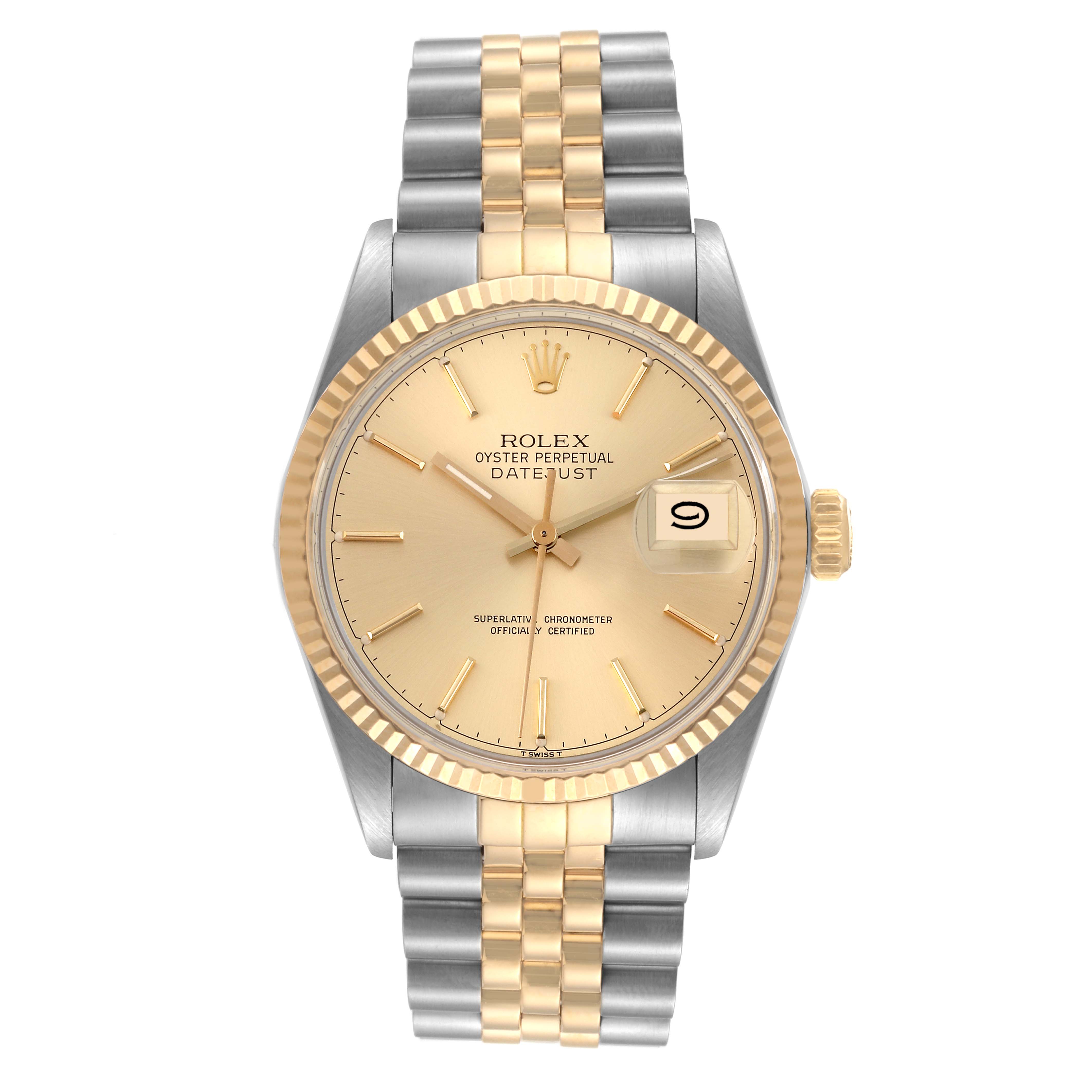 The Rolex Vintage Collection 16013 Men's Steel and Gold (two tone) Champagne Dial 16013 Men's Steel and Gold (two tone) Champagne Dial model is shown from a front angle, displaying its face, bezel, dial, and bracelet.