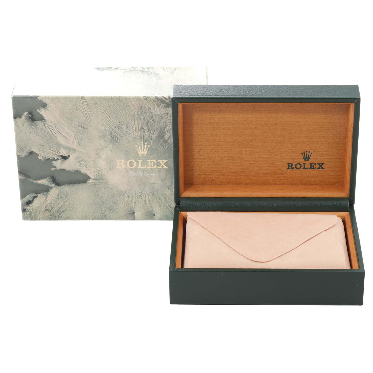 The image shows the box and packaging for a Vintage Collection model by Rolex, including an open watch box and an outer box.