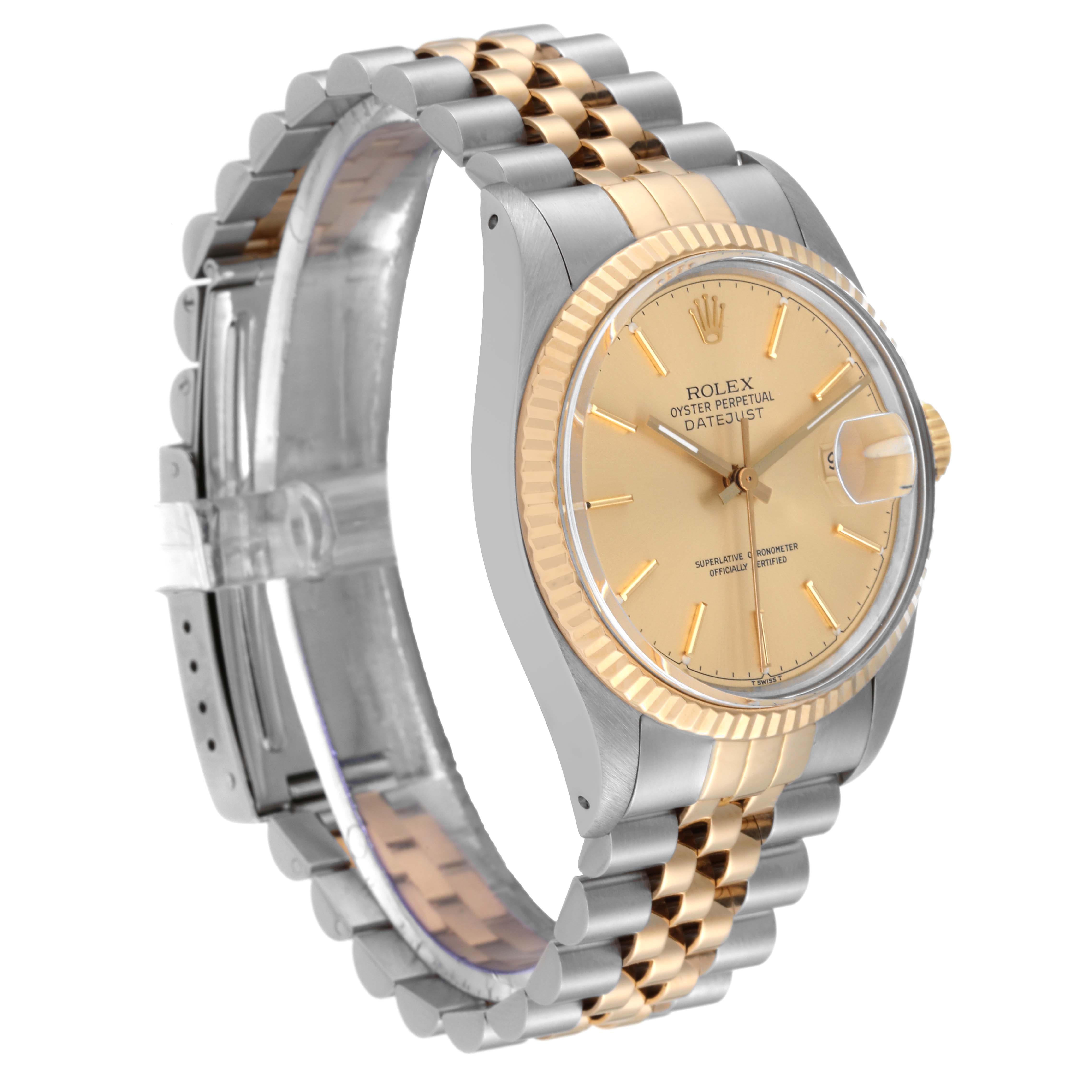 The image shows a Rolex Vintage Collection 16013 Men's Steel and Gold (two tone) Champagne Dial 16013 Men's Steel and Gold (two tone) Champagne Dial model watch from an angled side view, highlighting its dial, bezel, and two-tone bracelet.