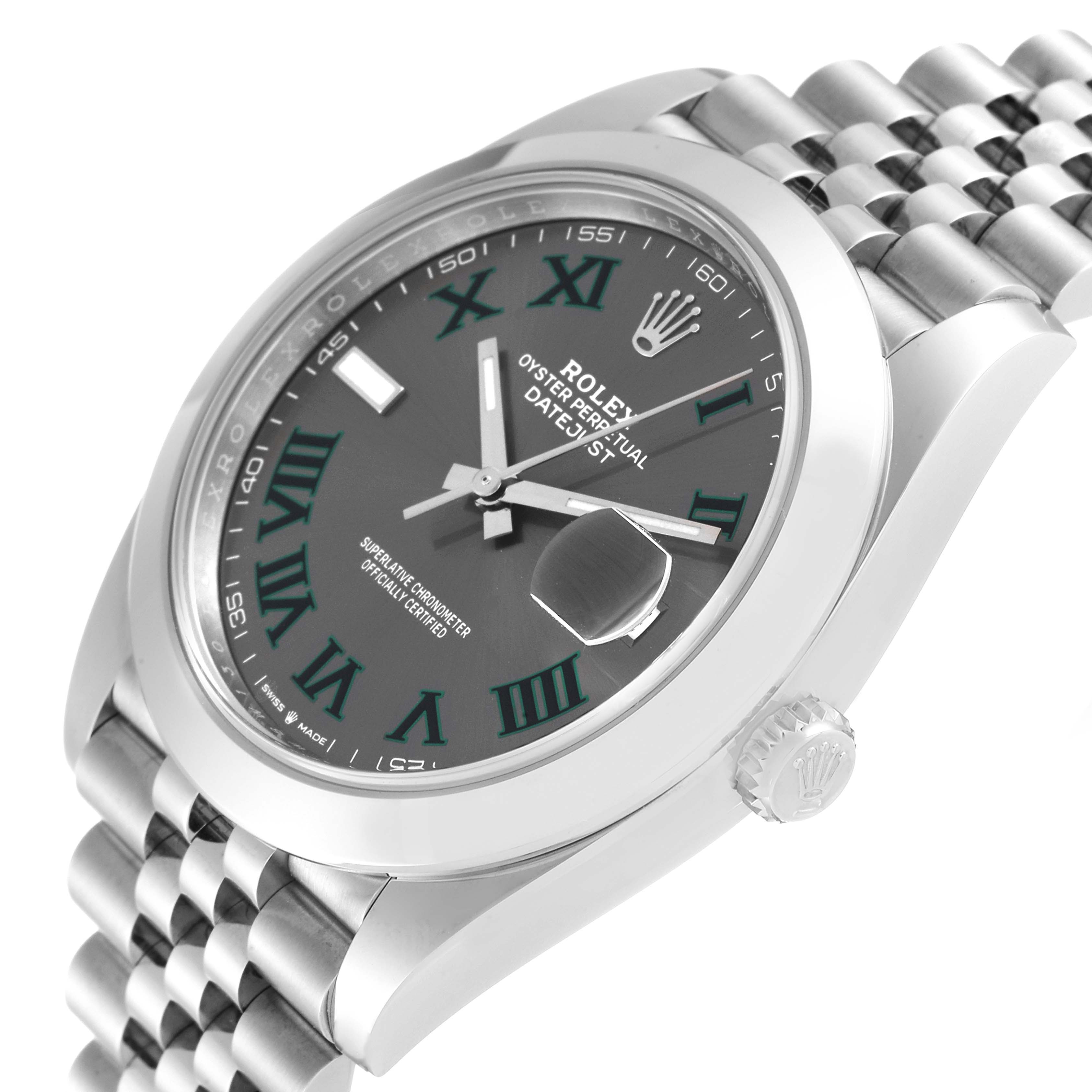 The image shows a Rolex Datejust 41 126300 Men
s Stainless Steel Grey Dial 126300 Men
s Stainless Steel Grey Dial watch at a slight angle, highlighting the dial, bezel, crown, and a portion of the bracelet.