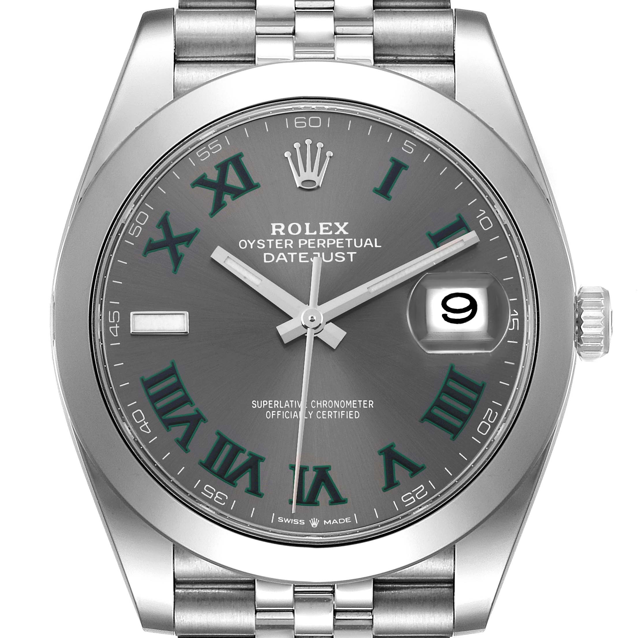The image shows a front view of the Rolex Datejust 41 126300 Men
s Stainless Steel Grey Dial 126300 Men
s Stainless Steel Grey Dial watch, highlighting its dial, bracelet, and date window.
