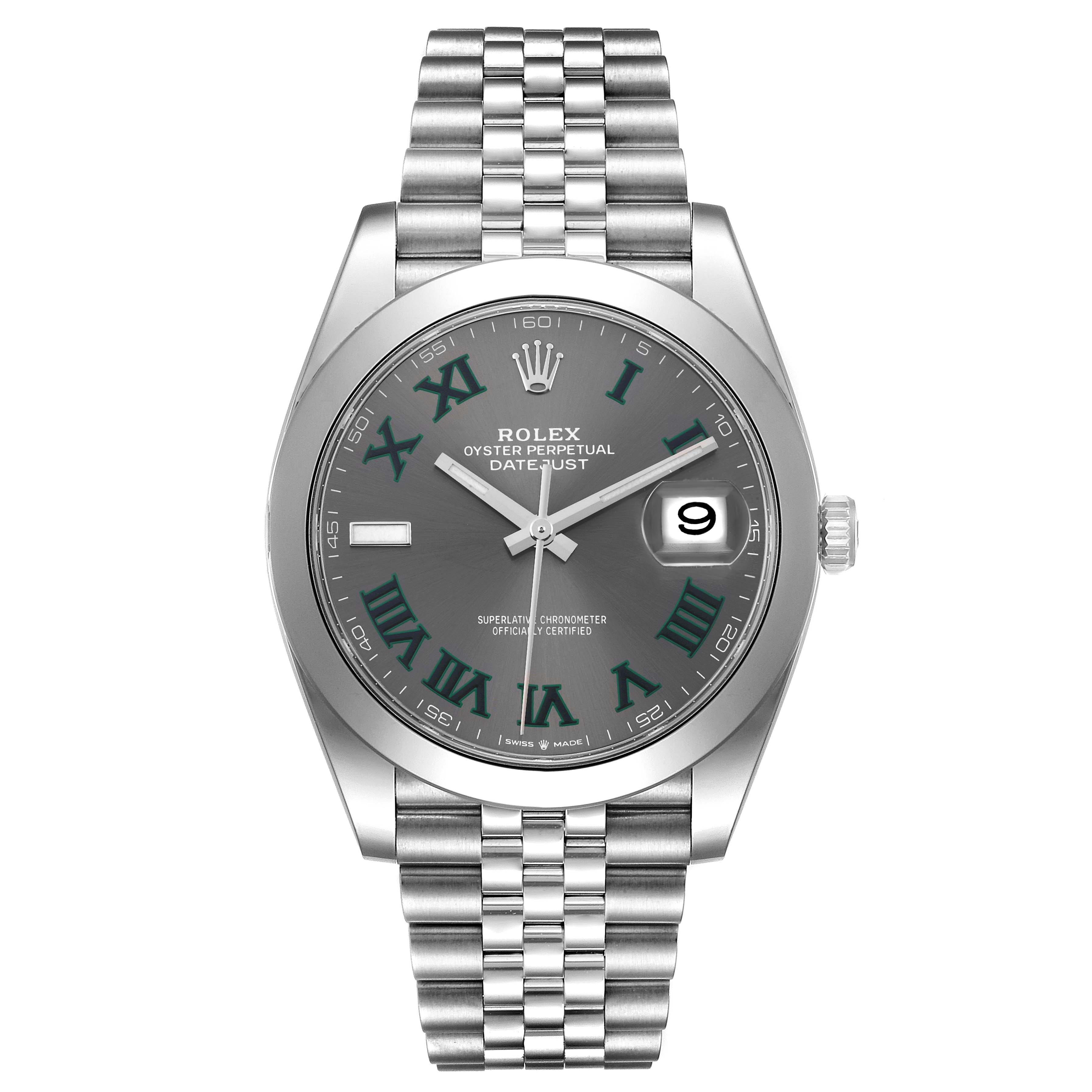 The image shows a front view of the Rolex Datejust 41 126300 Men
s Stainless Steel Grey Dial 126300 Men
s Stainless Steel Grey Dial model, highlighting its dial, bezel, case, and bracelet.
