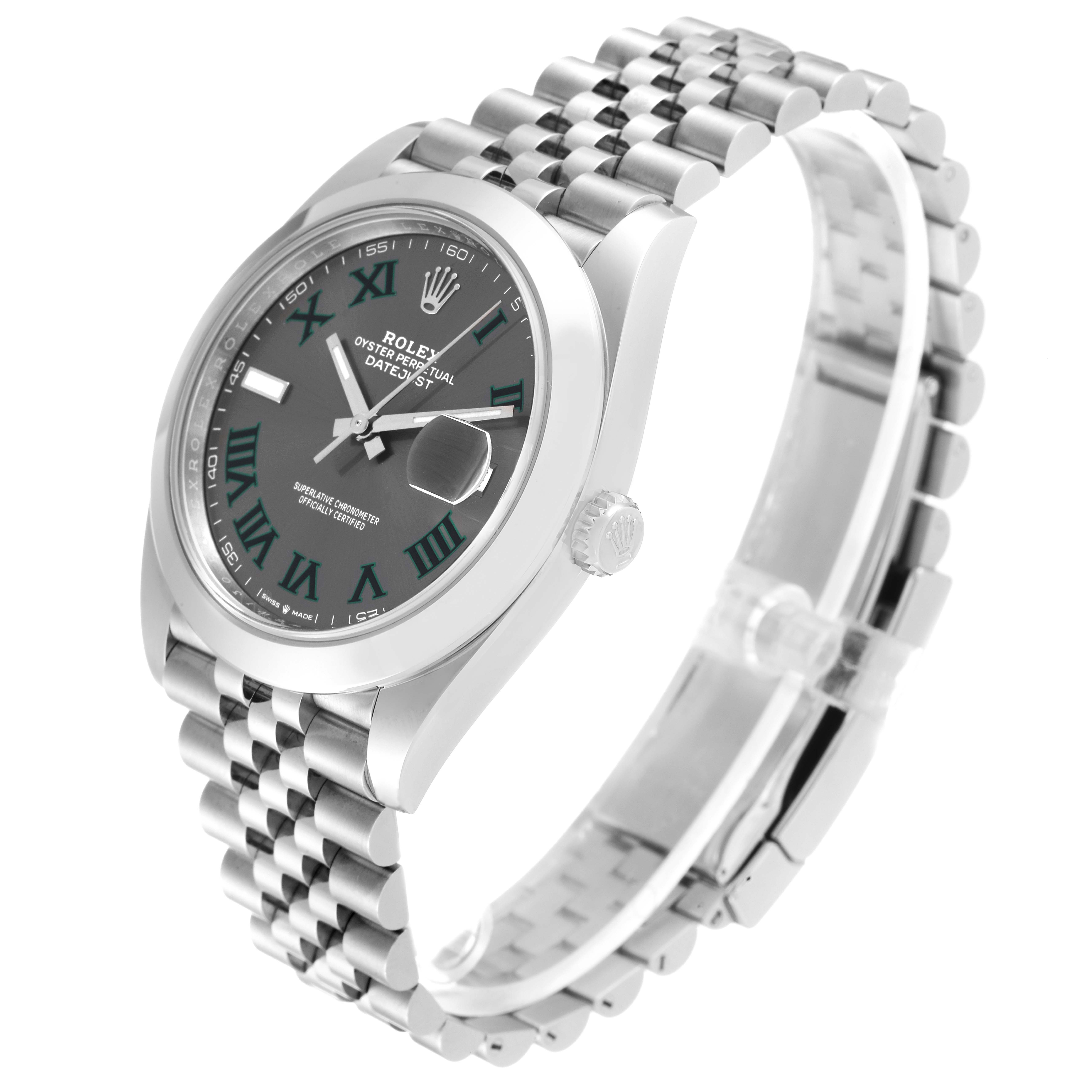 The image shows a Rolex Datejust 41 126300 Men
s Stainless Steel Grey Dial 126300 Men
s Stainless Steel Grey Dial watch at an angled side view, displaying its face, bezel, crown, and bracelet.
