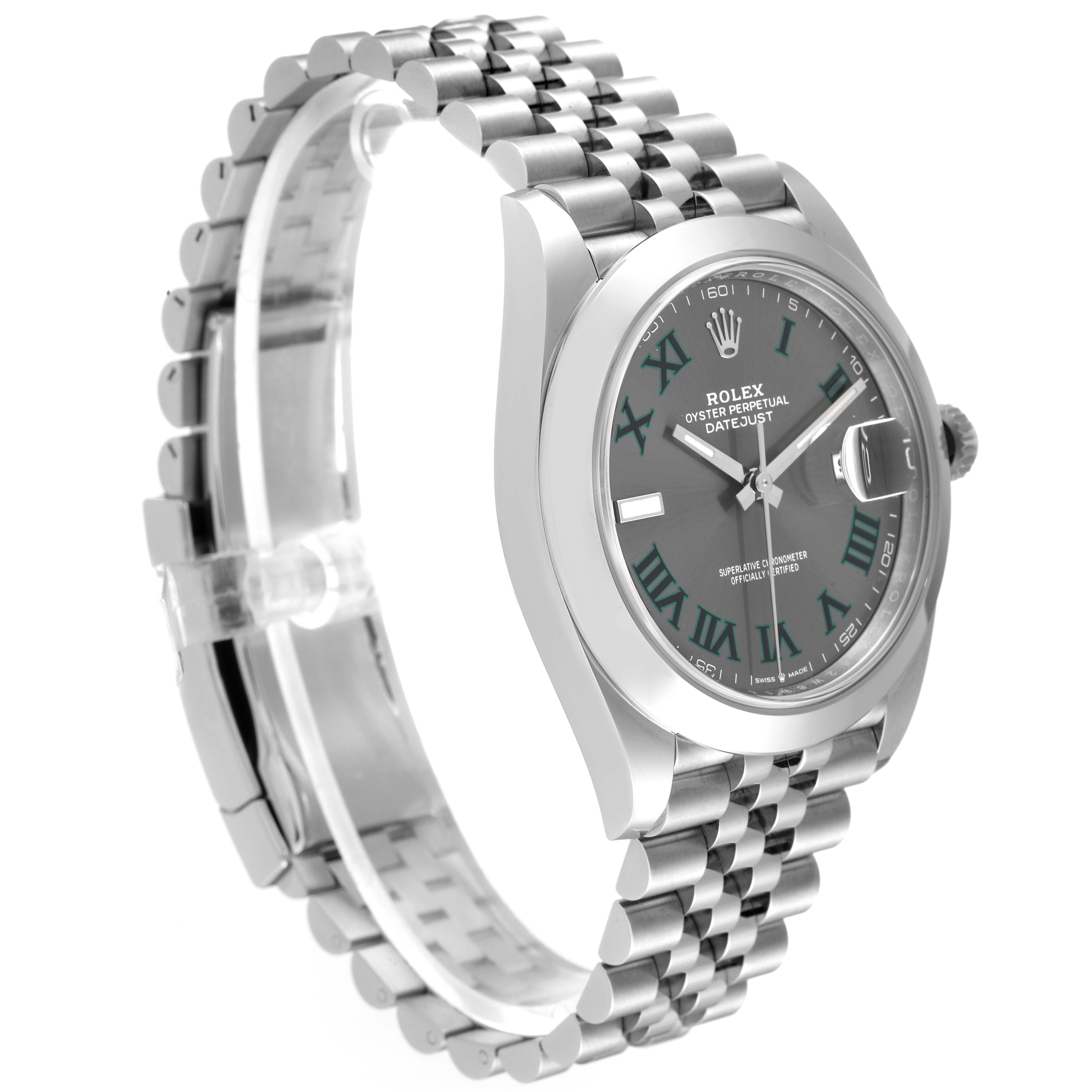 The Rolex Datejust 41 126300 Men
s Stainless Steel Grey Dial 126300 Men
s Stainless Steel Grey Dial watch is shown at an angled side view, displaying the face, bezel, and linked bracelet.