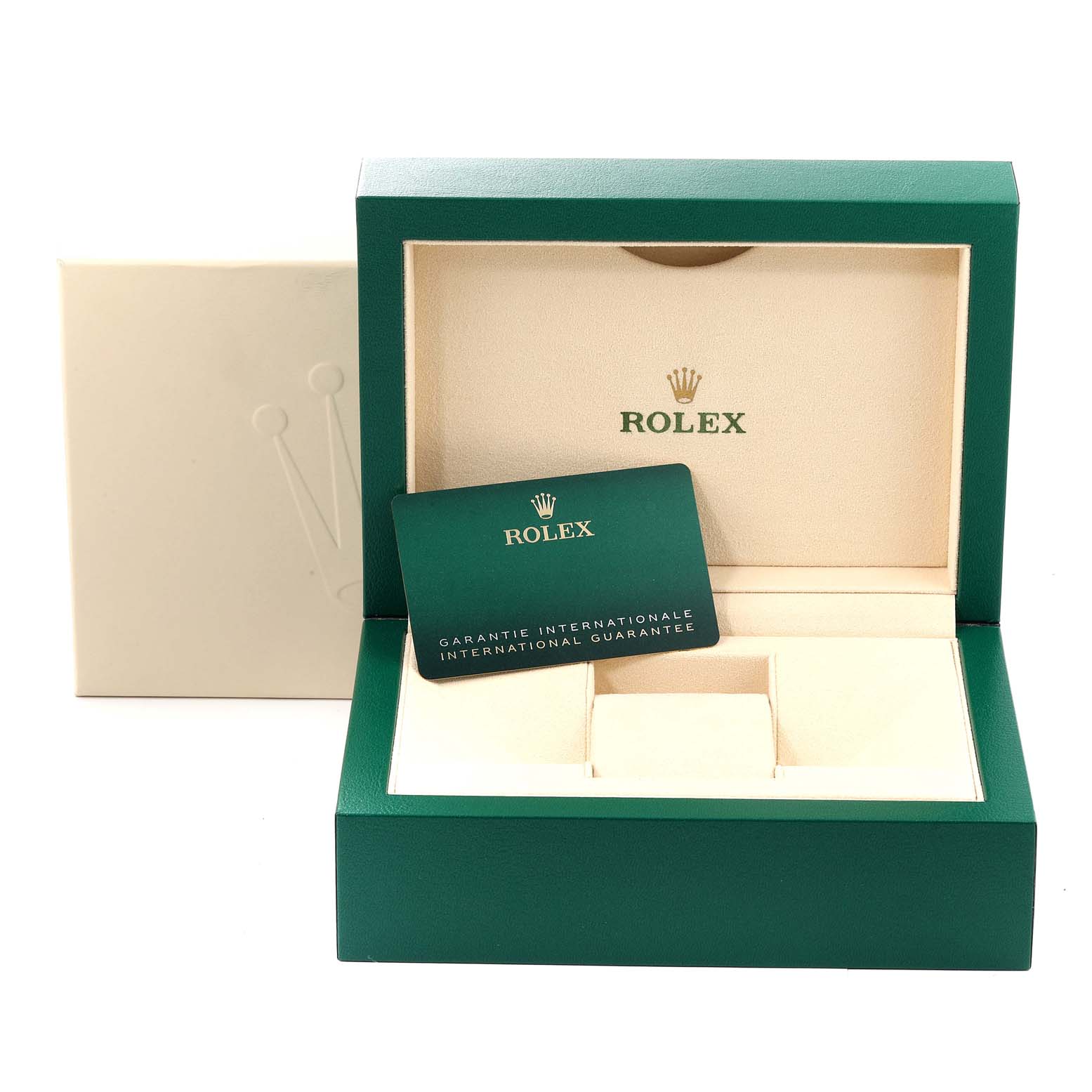 The image shows the box and international guarantee card for the Rolex Datejust 41 126300 Men
s Stainless Steel Grey Dial 126300 Men
s Stainless Steel Grey Dial watch.