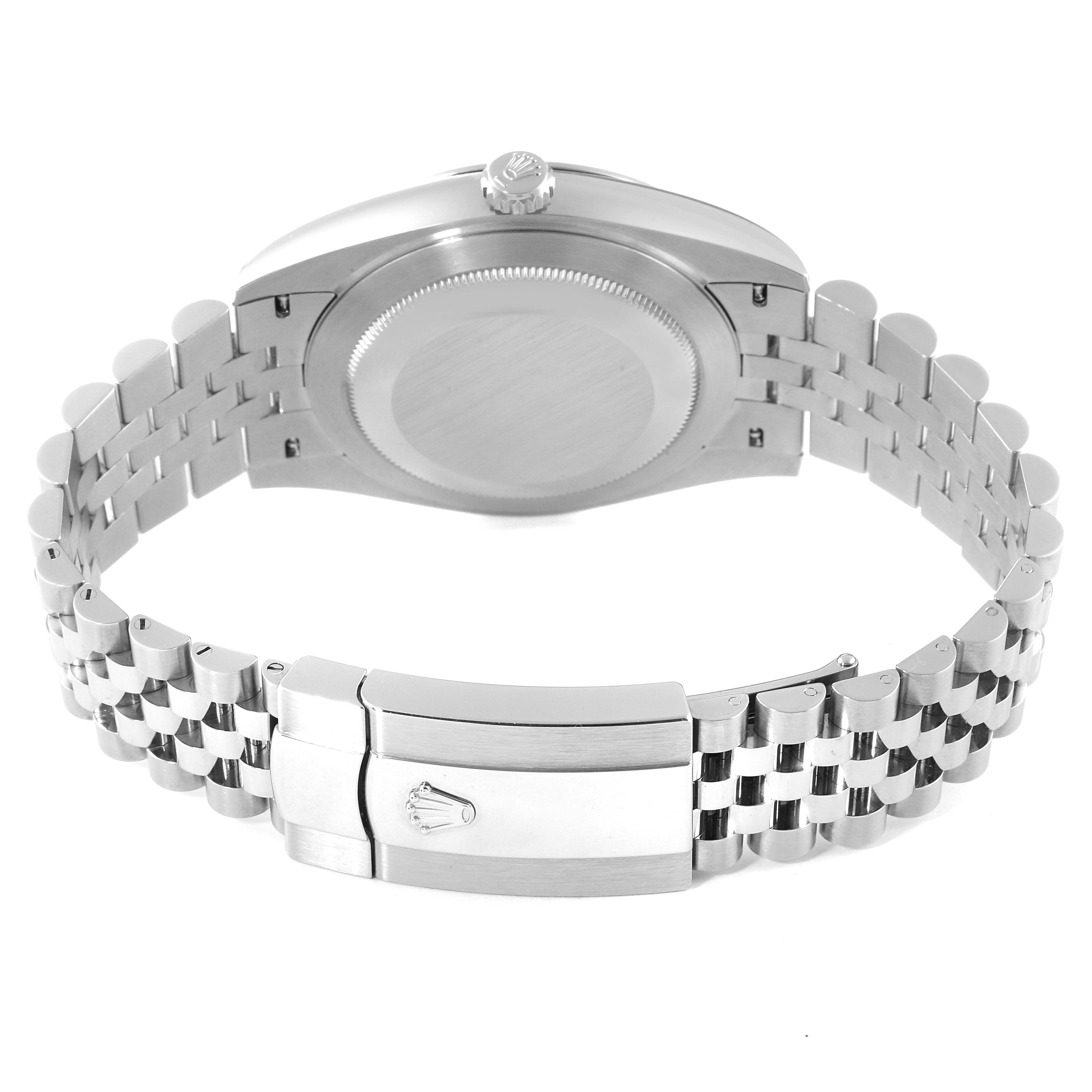The image shows the back view of a Rolex Datejust 41 126300 Men
s Stainless Steel Grey Dial 126300 Men
s Stainless Steel Grey Dial watch, highlighting the case back, crown, and bracelet with a clasp.