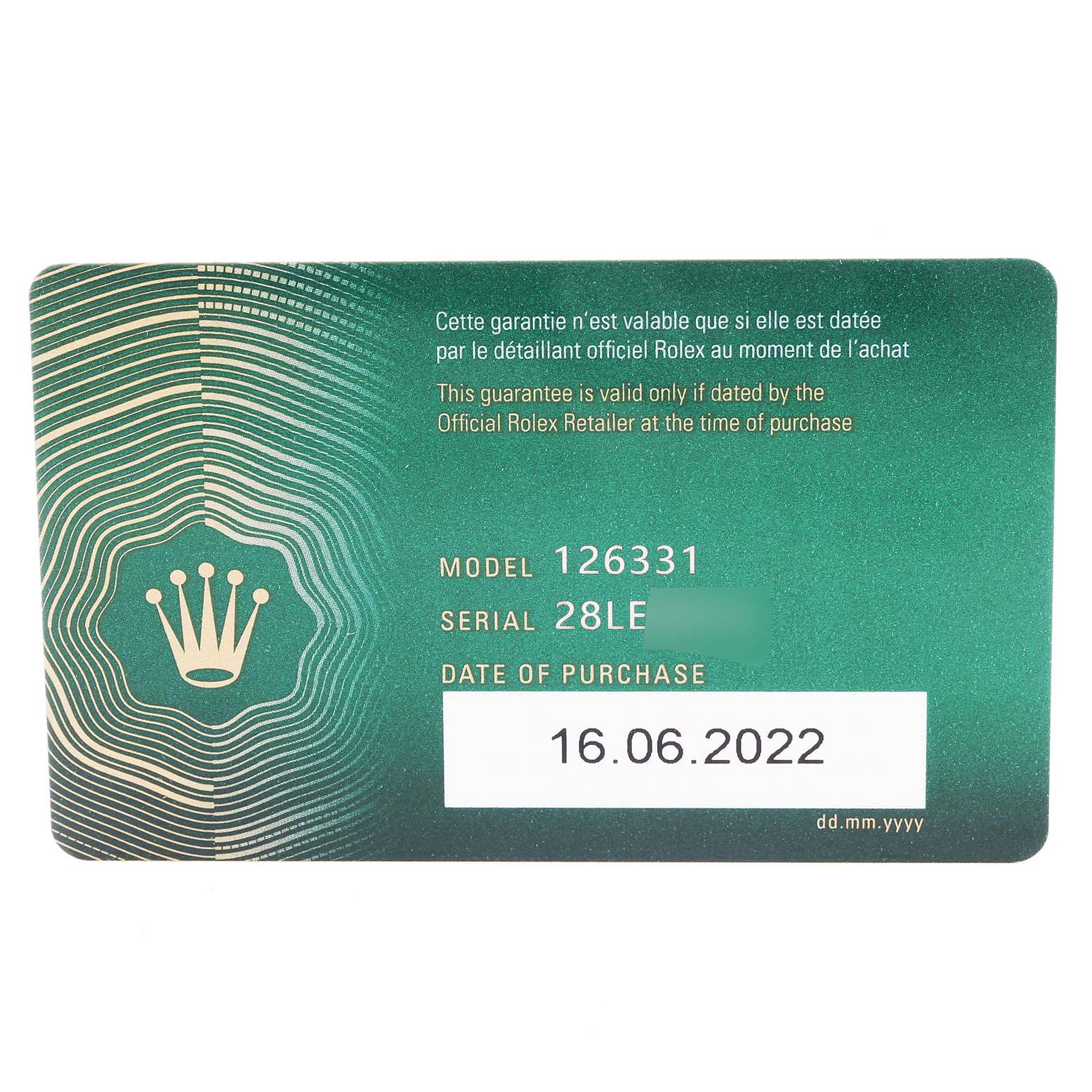 The image shows a green warranty card for the Rolex Datejust 41 126331 Men's Steel and Gold (two tone) Grey Dial 126331 Men's Steel and Gold (two tone) Grey Dial model, with model number, serial number, and date of purchase.