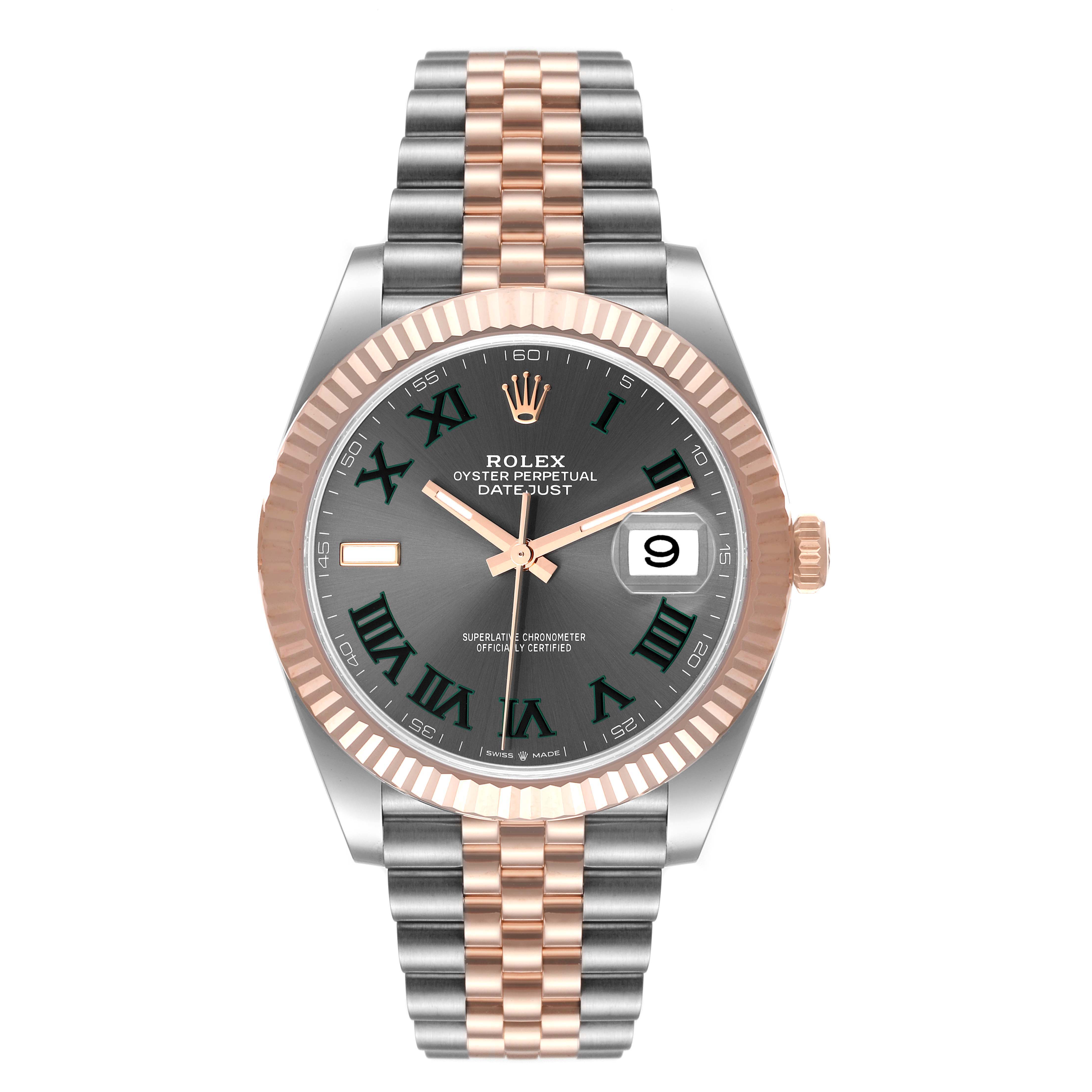 This image shows a front view of a Rolex Datejust 41 126331 Men's Steel and Gold (two tone) Grey Dial 126331 Men's Steel and Gold (two tone) Grey Dial watch, highlighting its dual-tone bracelet, fluted bezel, and date window.