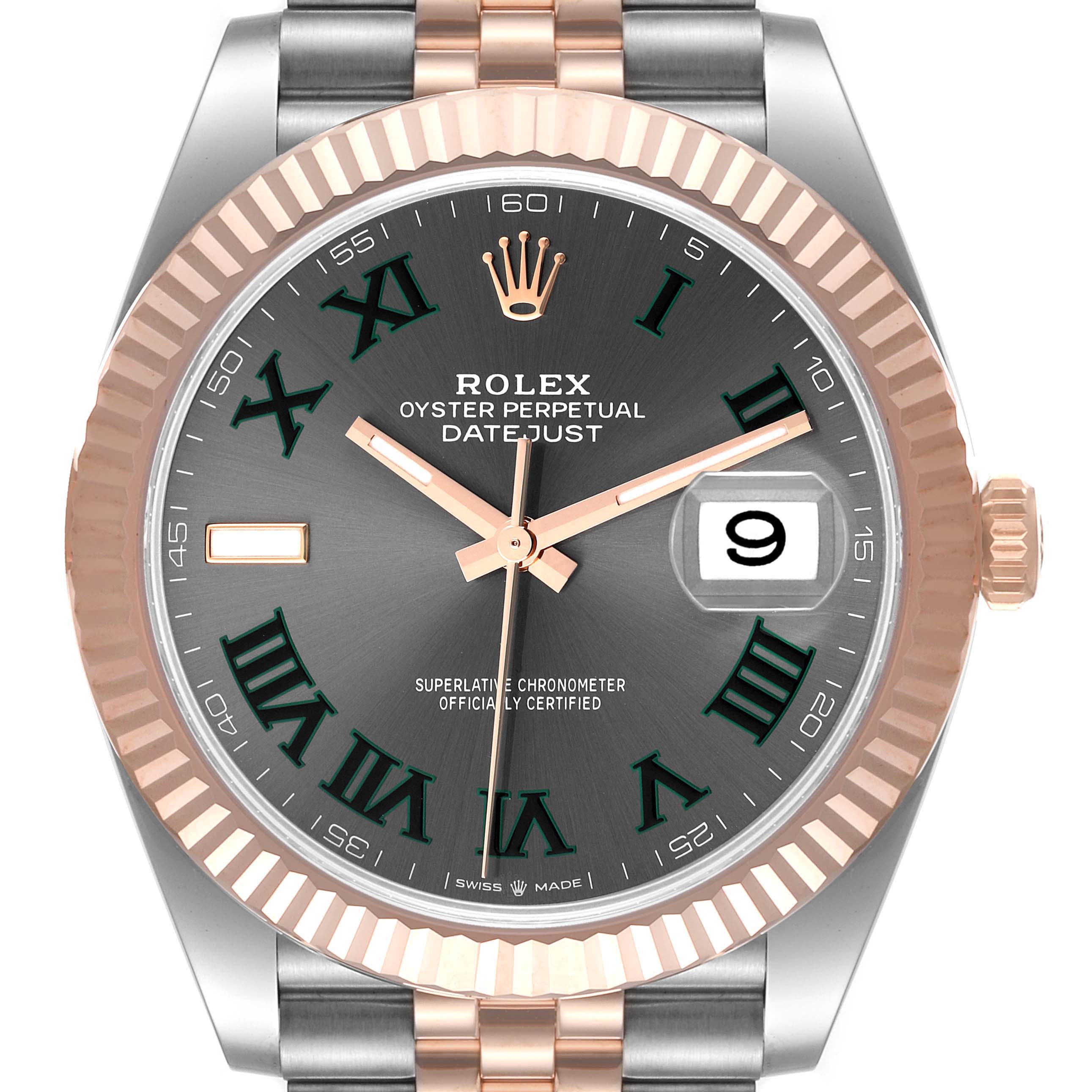 This image shows the Rolex Datejust 41 126331 Men's Steel and Gold (two tone) Grey Dial 126331 Men's Steel and Gold (two tone) Grey Dial watch head-on, highlighting the dial, bezel, and part of the bracelet.