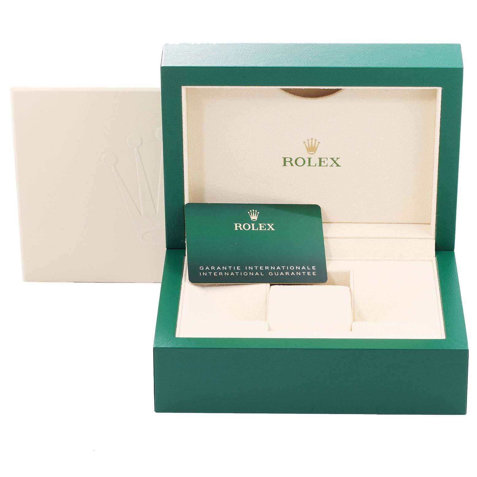 This image shows the open case for a Rolex Datejust 41 126331 Men's Steel and Gold (two tone) Grey Dial 126331 Men's Steel and Gold (two tone) Grey Dial watch, including the warranty card.