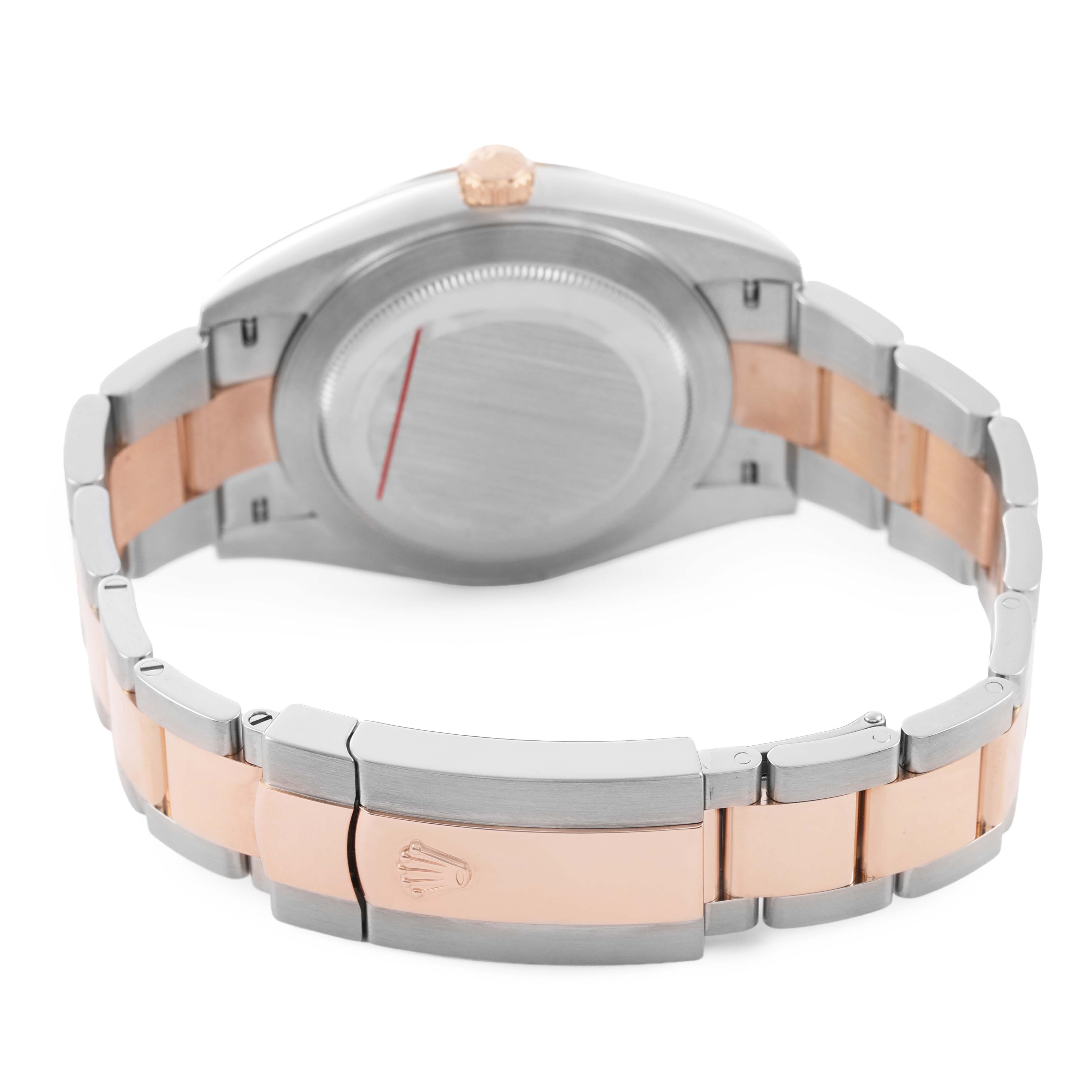 The Rolex Datejust 41 126331 Men's Steel and Gold (two tone) Brown Dial is shown from the back, highlighting the case back and two-tone bracelet with a clasp.