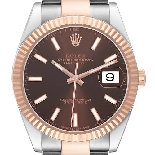 The Rolex Datejust 41 126331 Men's Steel and Gold (two tone) Brown Dial watch is shown from the front, highlighting the dial, hands, bezel, and part of the bracelet.