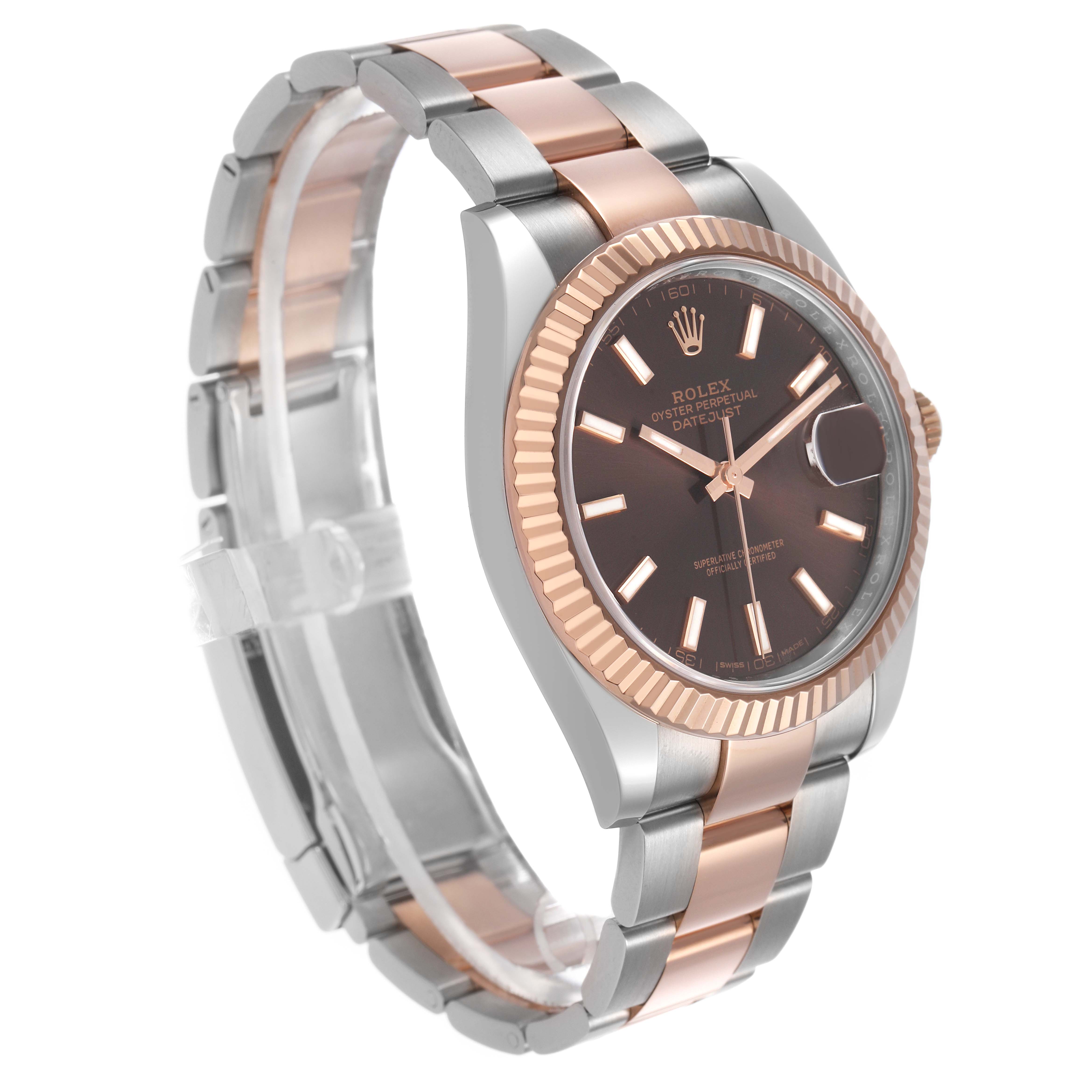 The Rolex Datejust 41 126331 Men's Steel and Gold (two tone) Brown Dial is shown at a three-quarter angle, highlighting the watch face, fluted bezel, and two-tone bracelet.