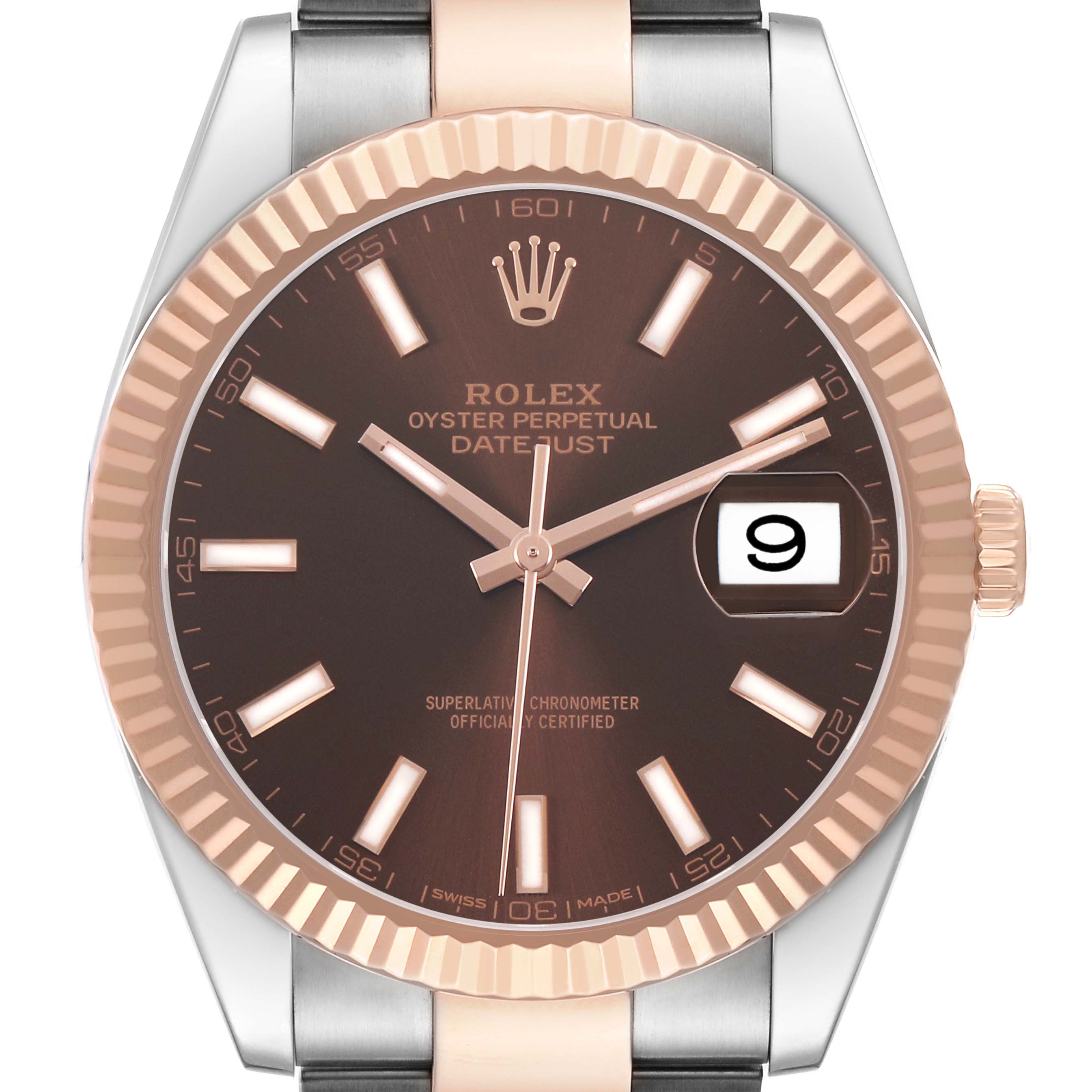 The Rolex Datejust 41 126331 Men's Steel and Gold (two tone) Brown Dial is shown straight-on, featuring its dial, hands, bezel, and part of the bracelet.