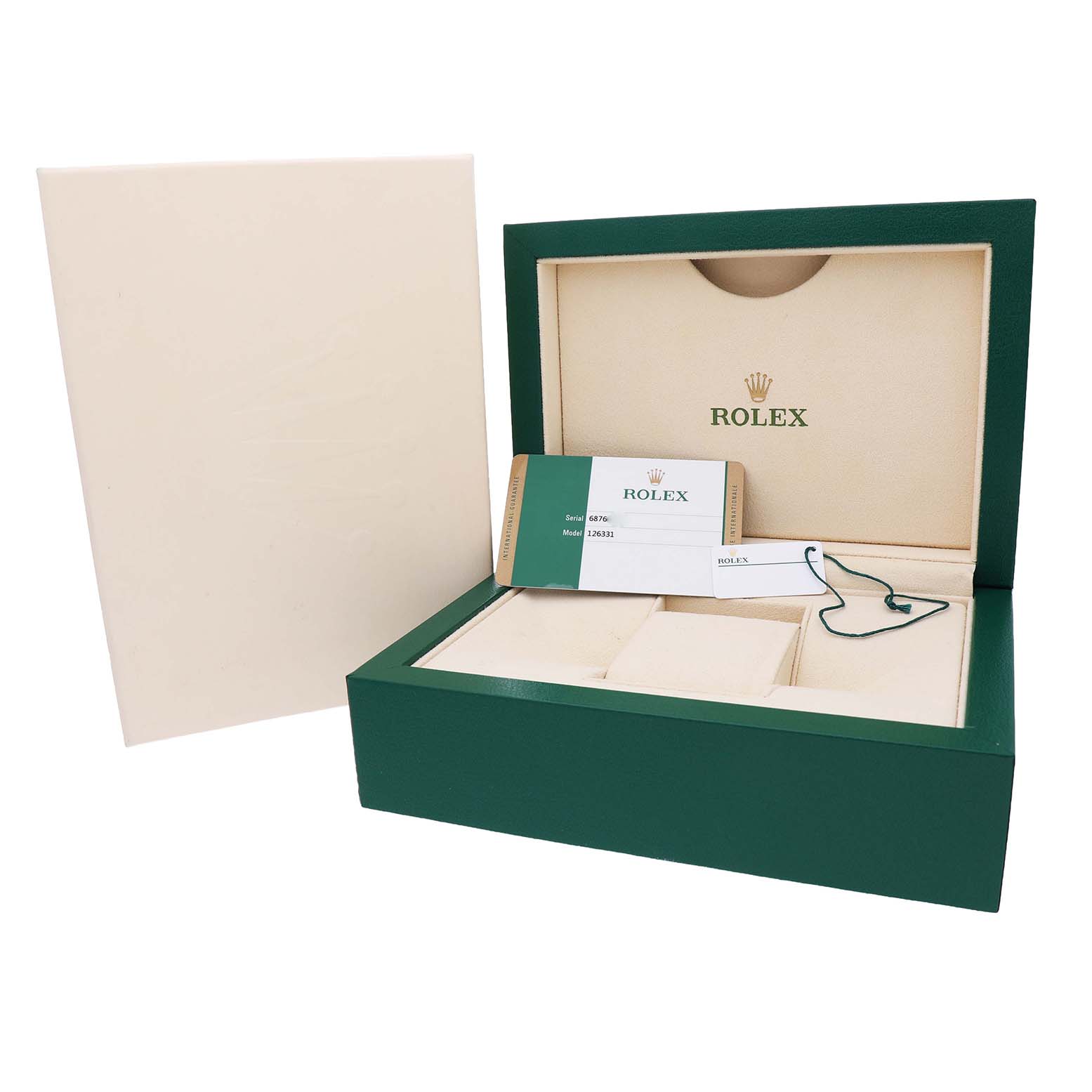 The image shows the Rolex Datejust 41 126331 Men's Steel and Gold (two tone) Brown Dial box with a certificate, tag, and a protective case from a front angle.
