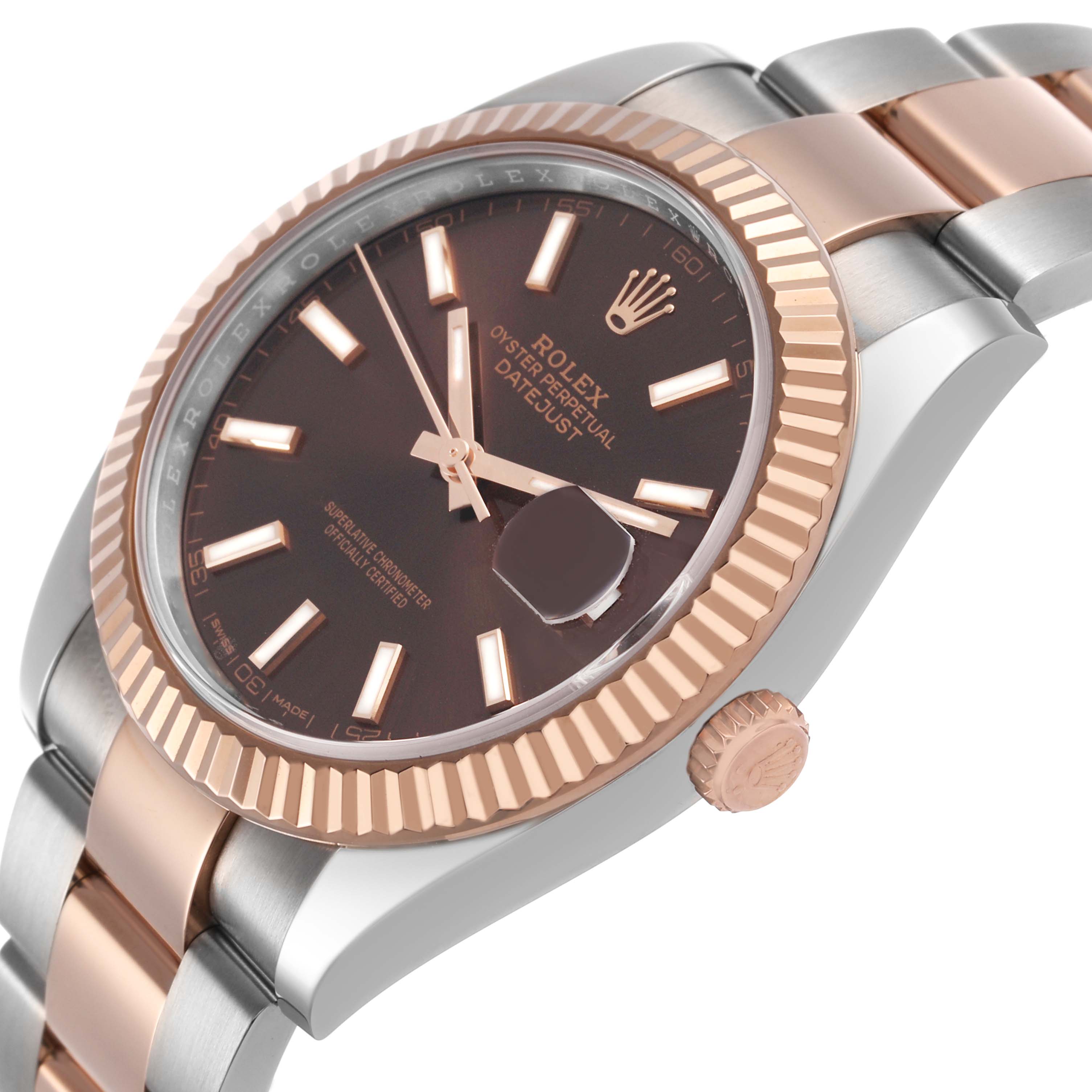 The Rolex Datejust 41 126331 Men's Steel and Gold (two tone) Brown Dial is shown at an oblique angle, highlighting the bezel, dial, crown, and part of the bracelet.