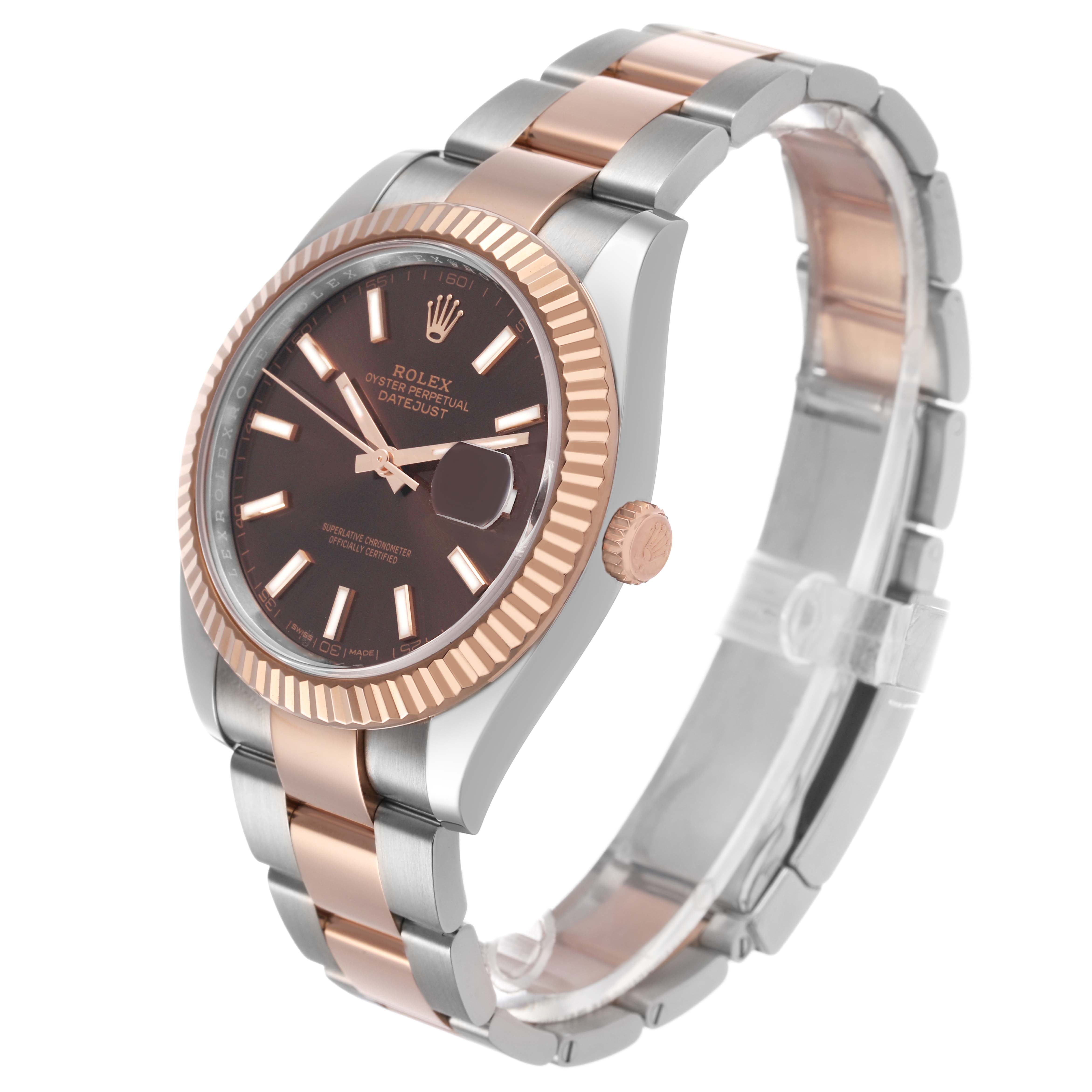 The Rolex Datejust 41 126331 Men's Steel and Gold (two tone) Brown Dial is shown at a three-quarter angle, displaying the dial, bezel, crown, and part of the bracelet.