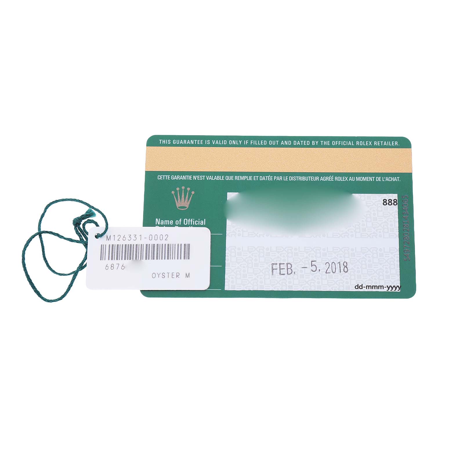 This image shows the guarantee card and tag for a Rolex Datejust 41 126331 Men's Steel and Gold (two tone) Brown Dial watch.