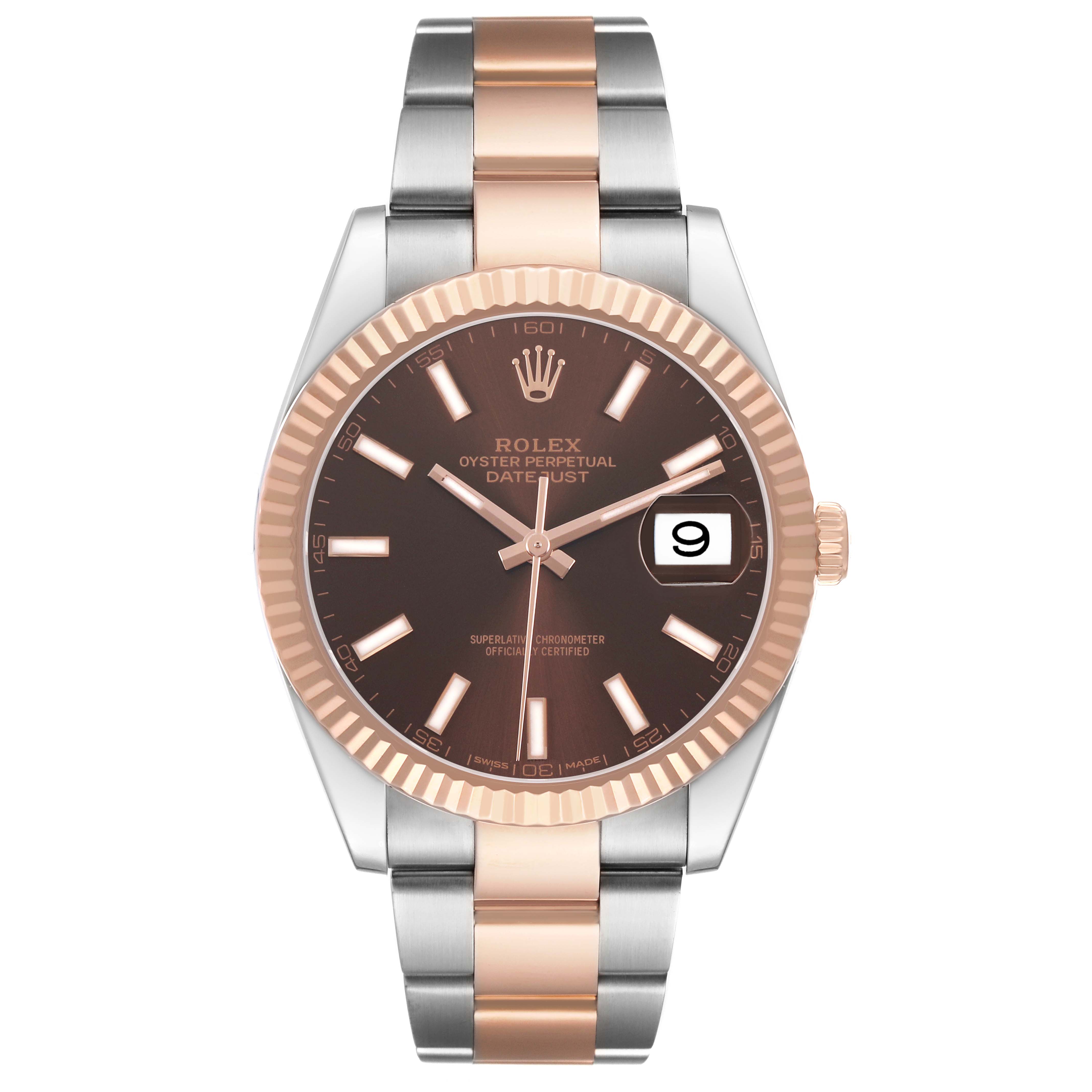 The Rolex Datejust 41 126331 Men's Steel and Gold (two tone) Brown Dial is shown from a front angle, highlighting its two-tone bracelet, fluted bezel, and date window.