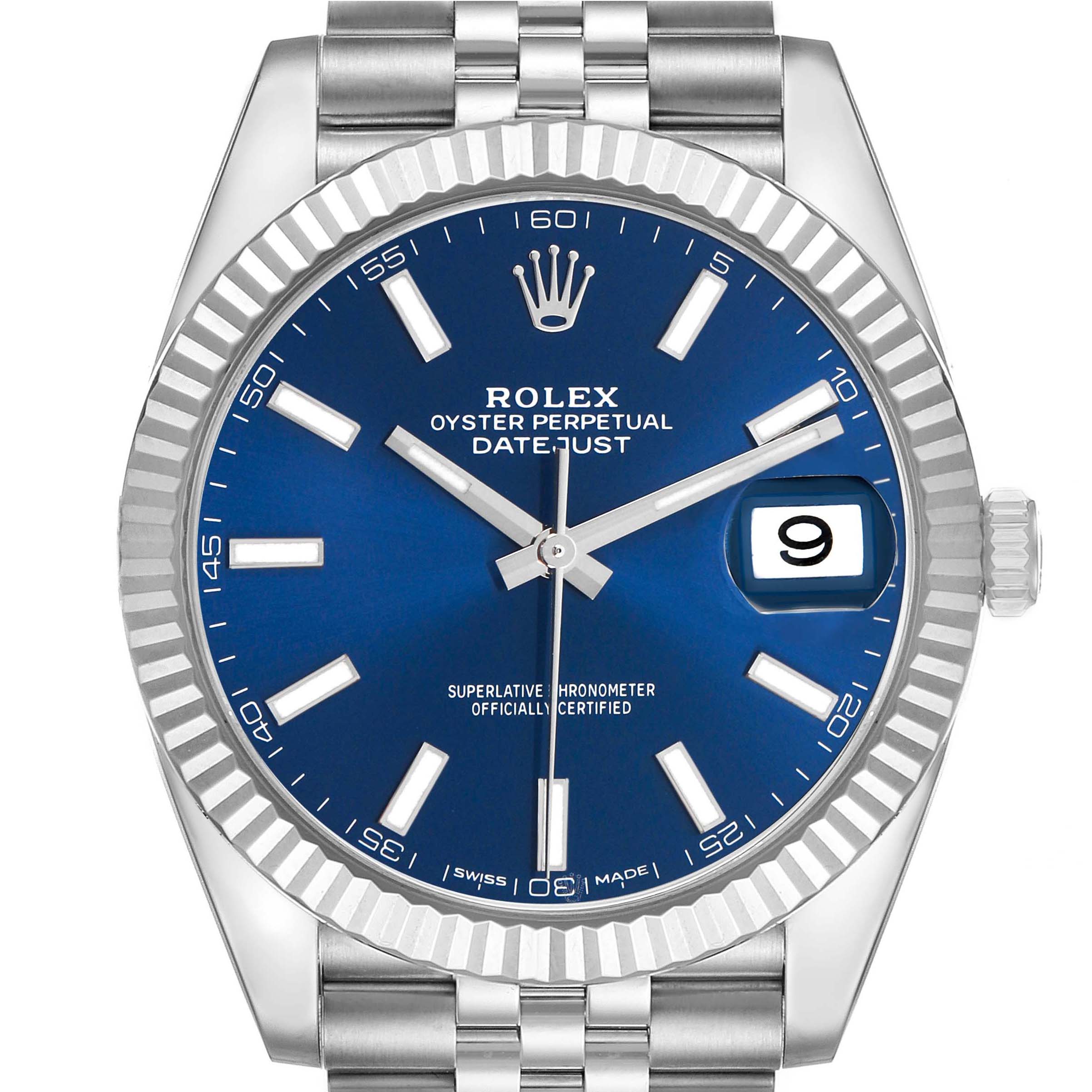 The Rolex Datejust 41 126334 Men's Stainless Steel Blue Dial is shown from a front angle, highlighting the dial, fluted bezel, and part of the bracelet.