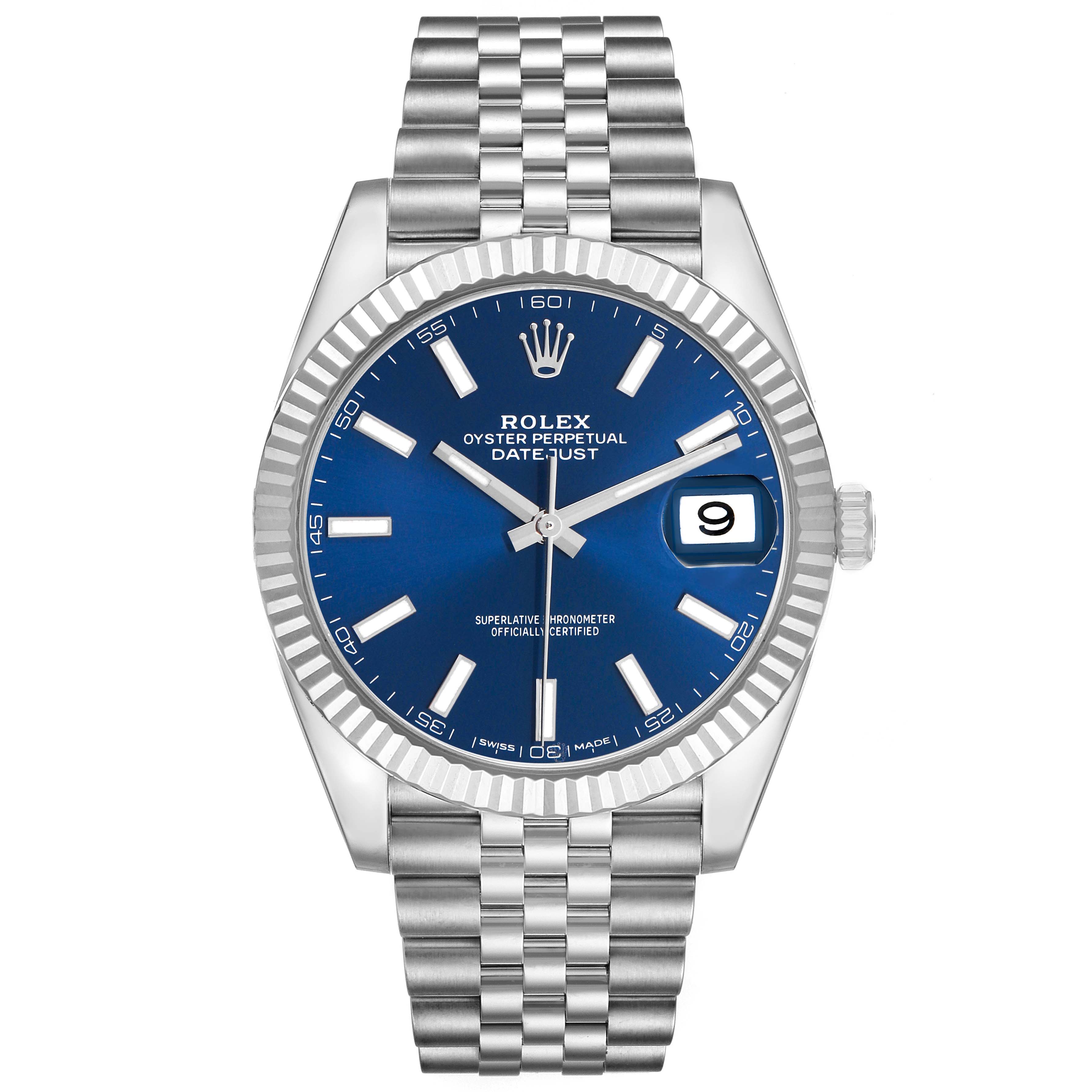 The Rolex Datejust 41 126334 Men's Stainless Steel Blue Dial is shown from a front angle, highlighting its blue dial, fluted bezel, and Jubilee bracelet.
