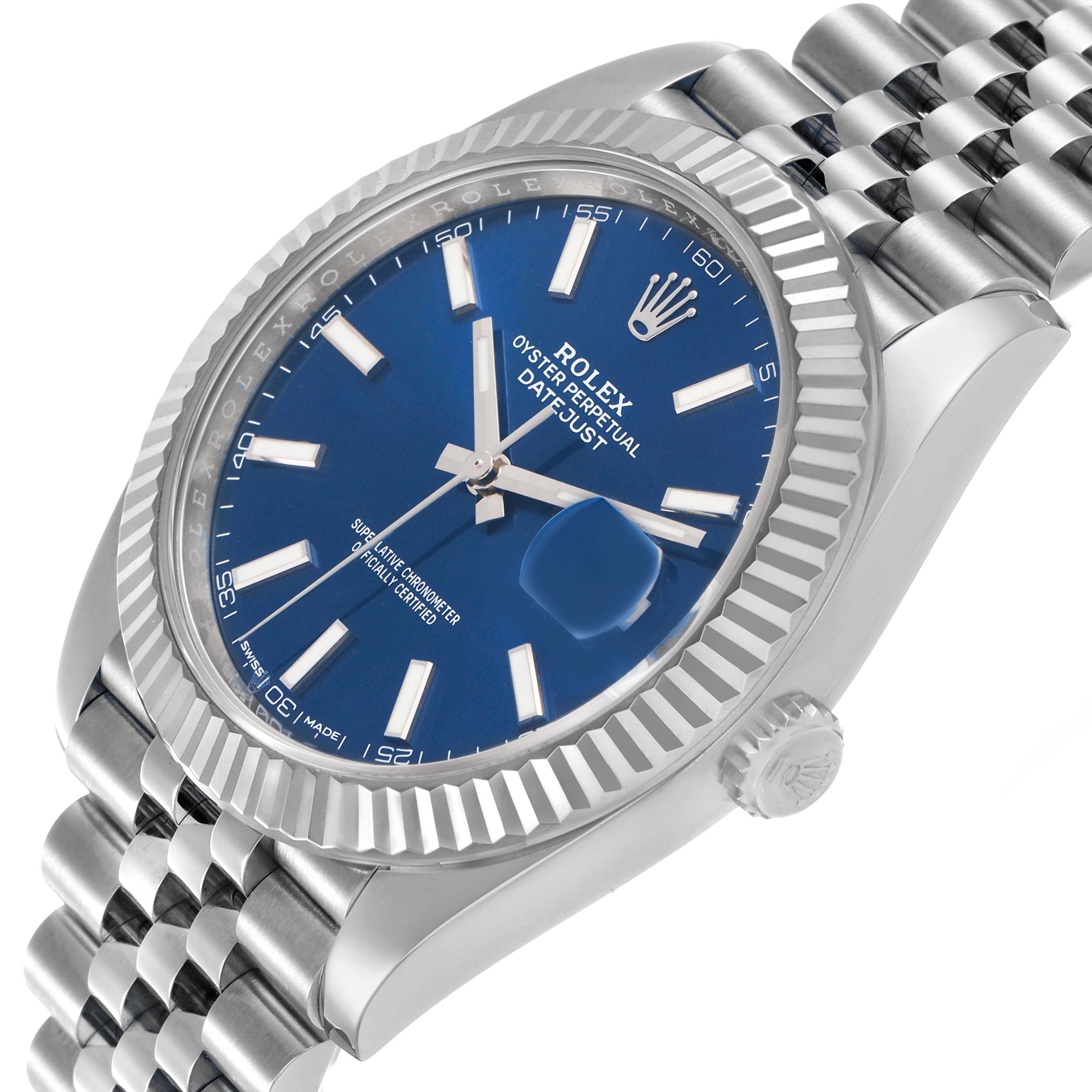 The Rolex Datejust 41 126334 Men's Stainless Steel Blue Dial is shown at a three-quarter angle, highlighting the blue dial, fluted bezel, and Jubilee bracelet.