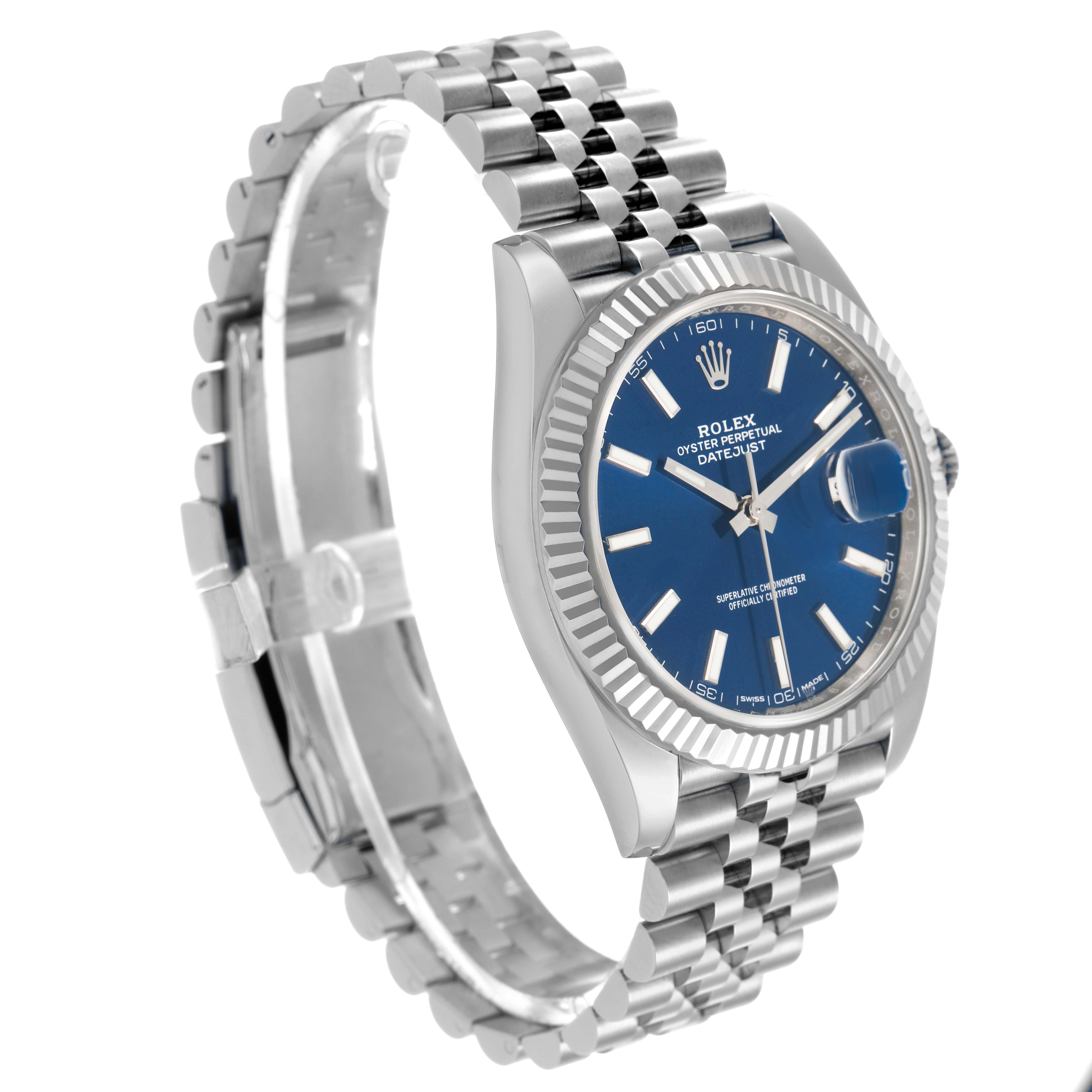 The Rolex Datejust 41 126334 Men's Stainless Steel Blue Dial is shown at a slight side angle, displaying its blue dial, fluted bezel, and Jubilee bracelet.