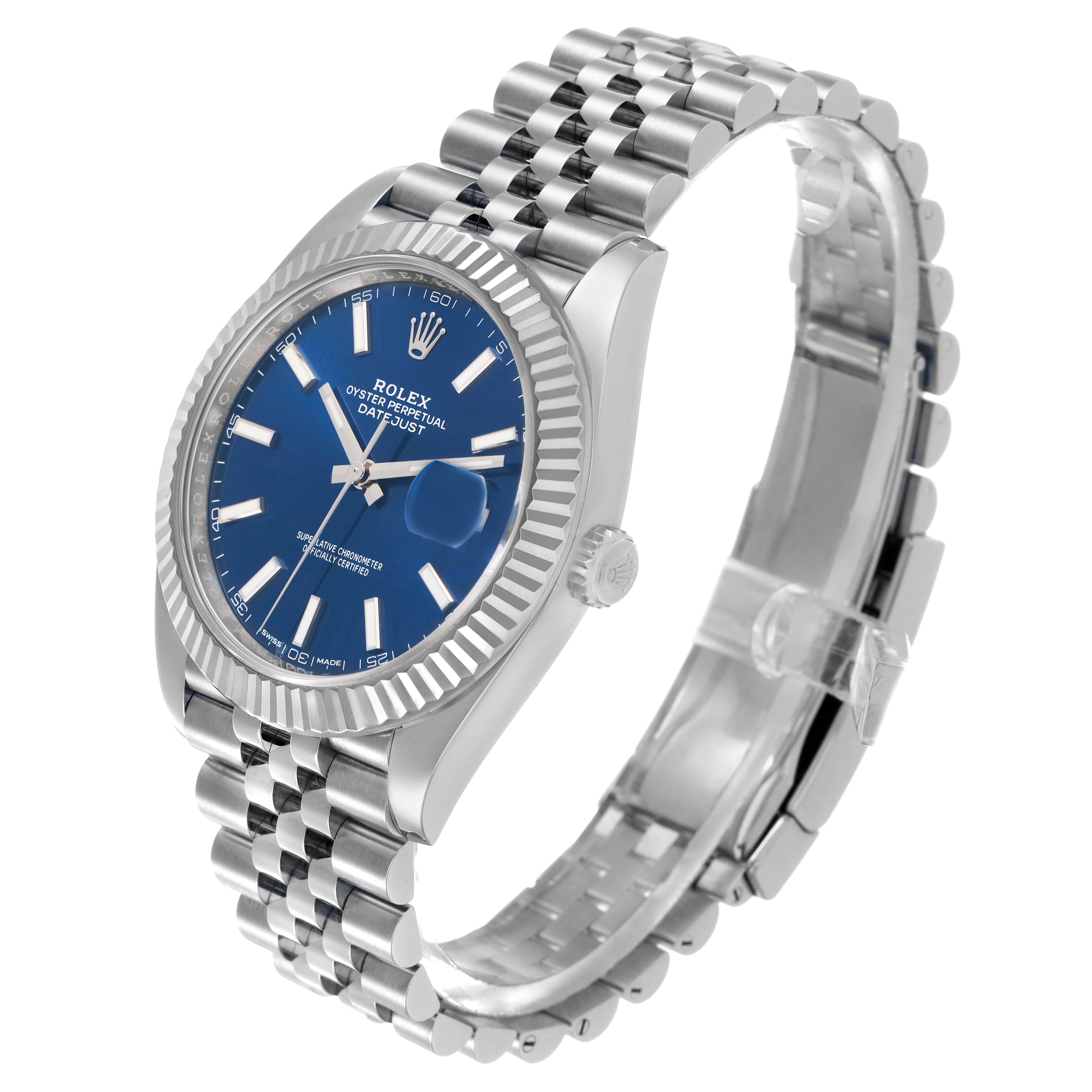 The Rolex Datejust 41 126334 Men's Stainless Steel Blue Dial watch is shown at an angle highlighting the face, fluted bezel, and Jubilee bracelet.