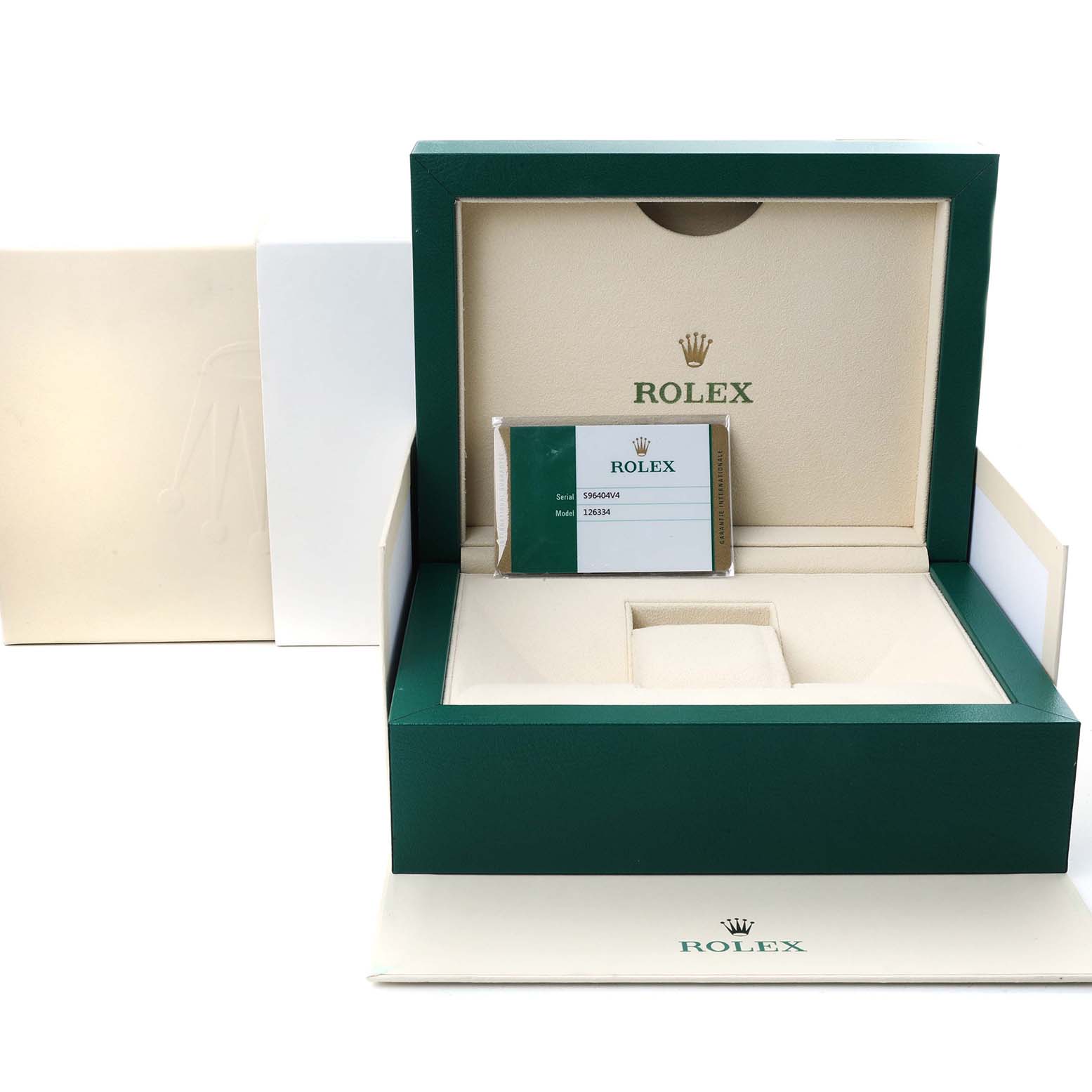 The image shows the open box of a Rolex Datejust 41 126334 Men's Stainless Steel Blue Dial with an authentication card, without the watch visible.