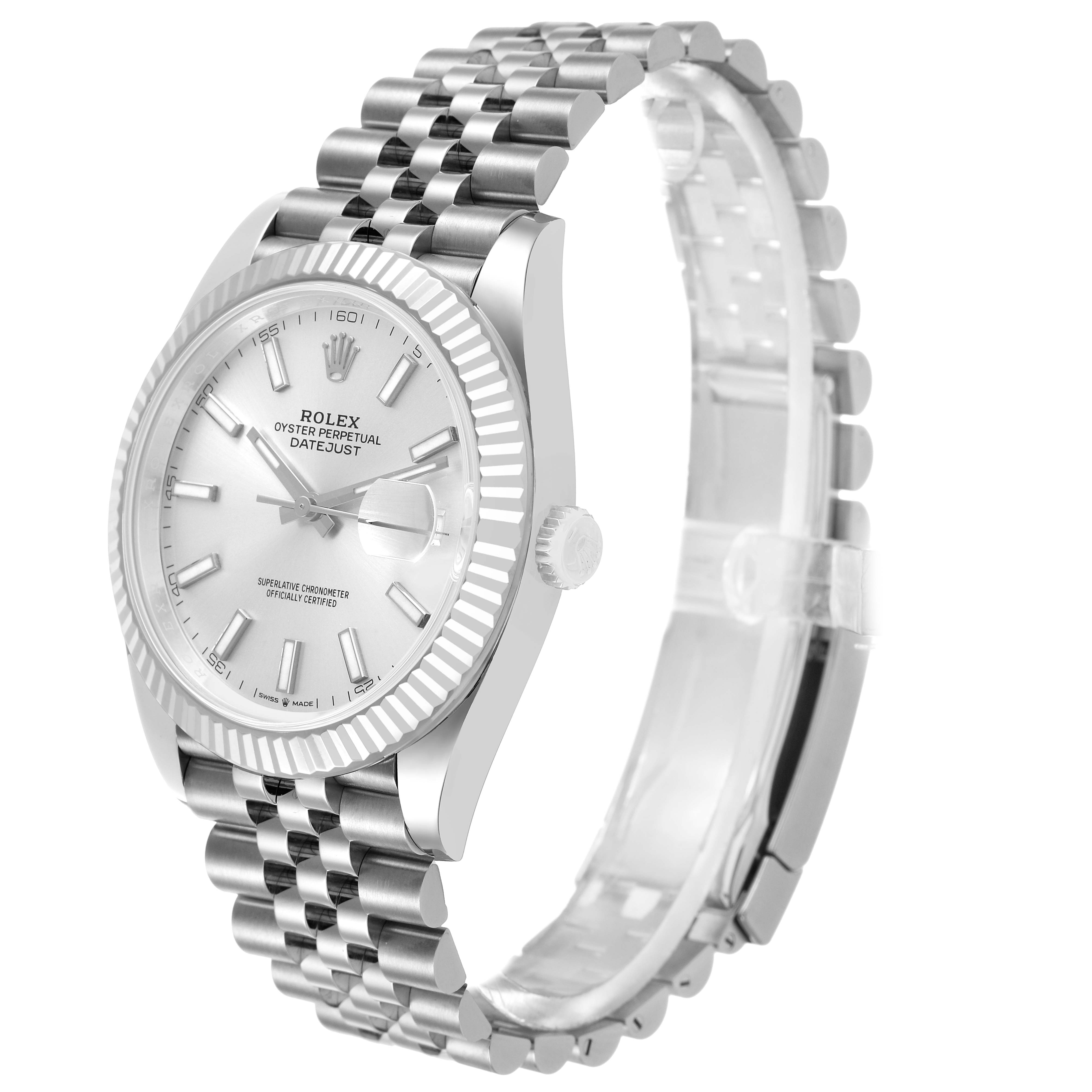 The Rolex Datejust 41 126334 Men's Stainless Steel Silver Dial is shown at an angle highlighting the dial, fluted bezel, and Jubilee bracelet.