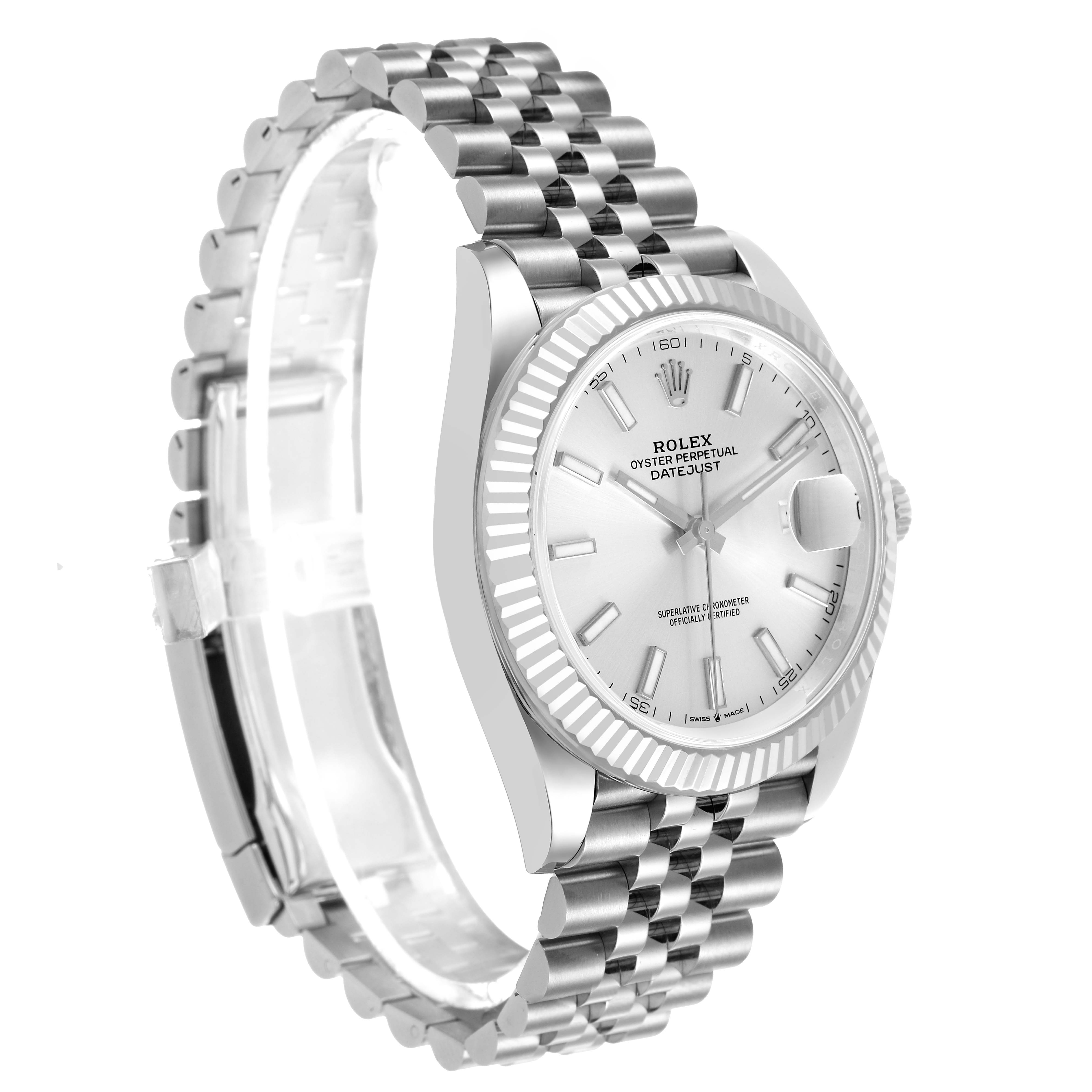 The Rolex Datejust 41 126334 Men's Stainless Steel Silver Dial is shown at an angle highlighting the dial, bezel, crown, and part of the Jubilee bracelet.