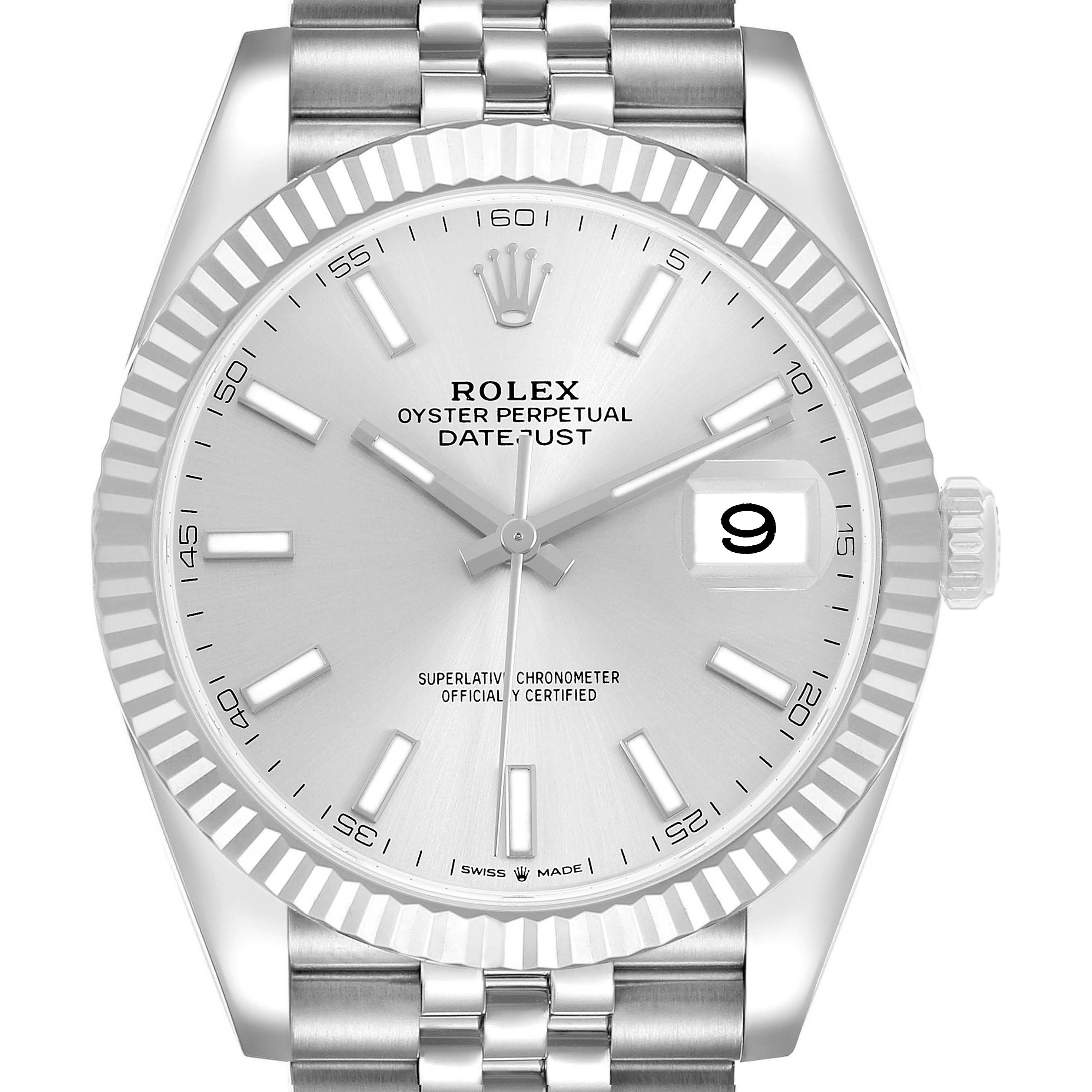 The Rolex Datejust 41 126334 Men's Stainless Steel Silver Dial is shown from the front, highlighting the dial, bezel, and a portion of the bracelet.