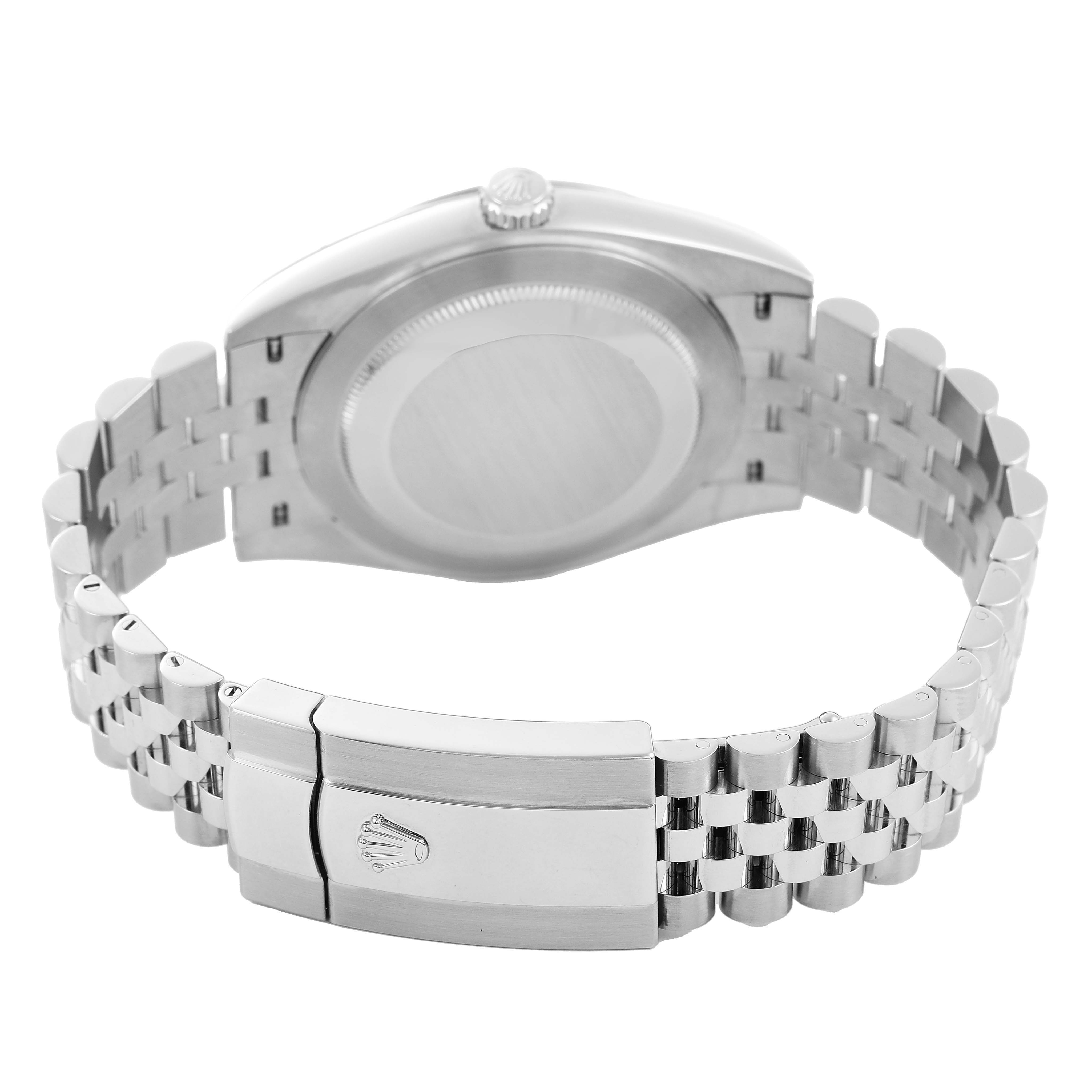 The image shows the back case, crown, and bracelet clasp of a Rolex Datejust 41 126334 Men's Stainless Steel Silver Dial watch from a rear angle.