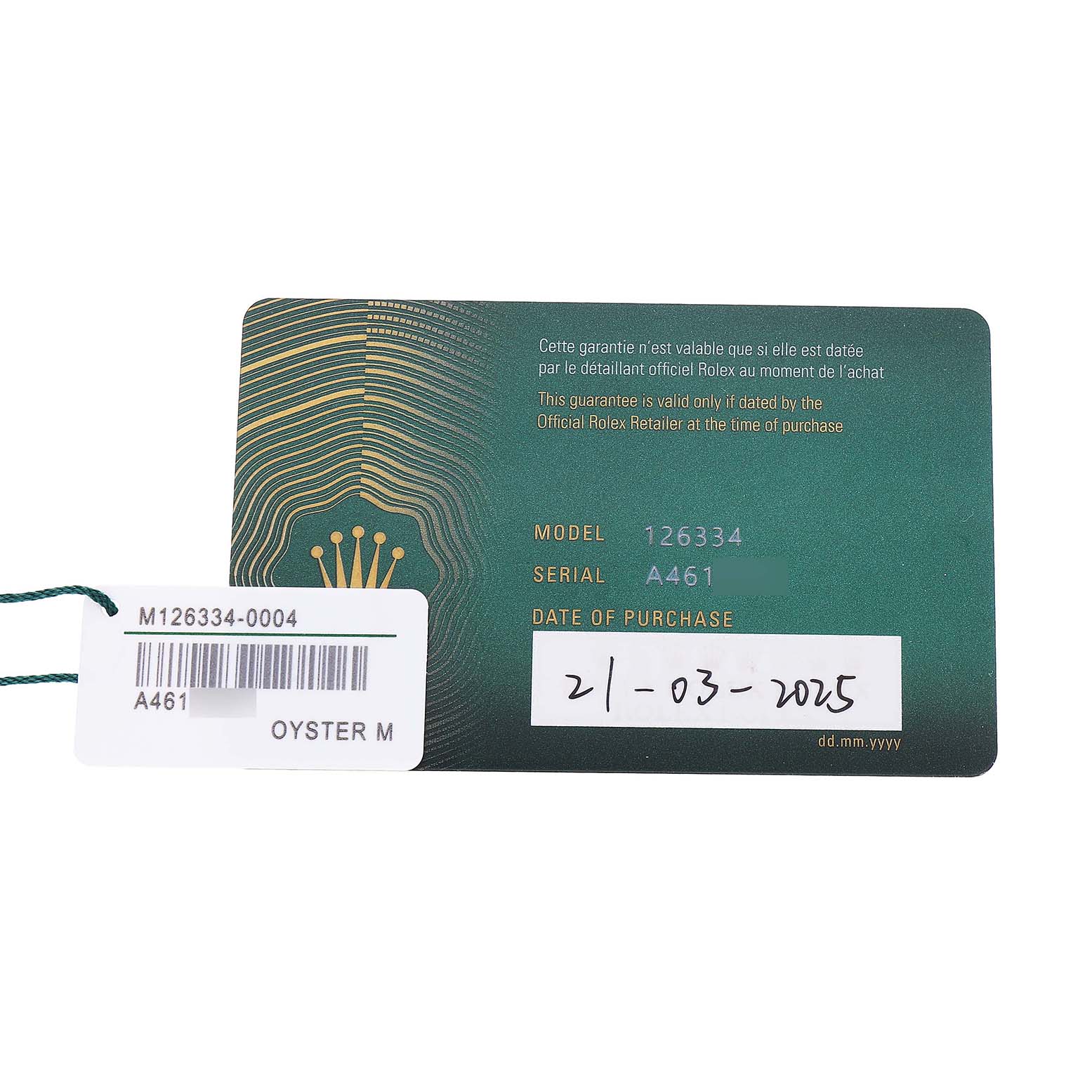 The image shows a Rolex Datejust 41 126334 Men's Stainless Steel Silver Dial model warranty card with model and serial information.