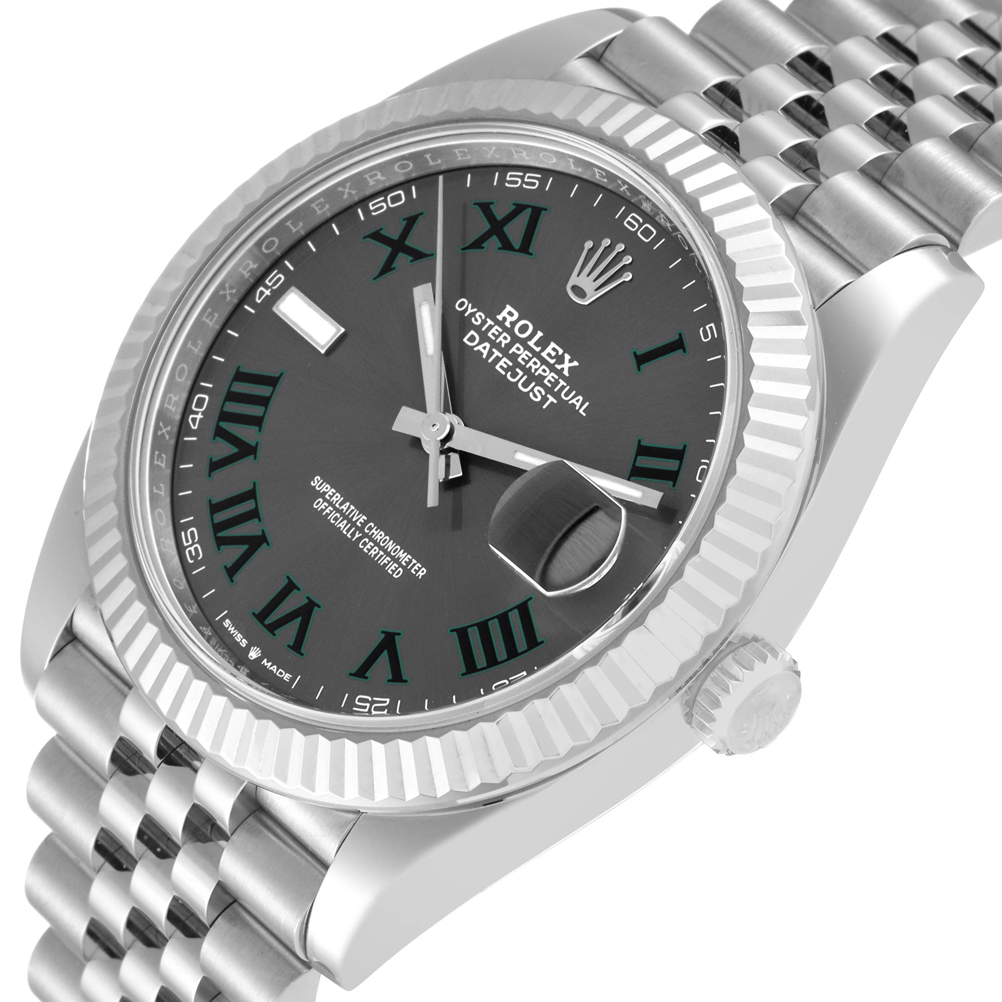This image shows a close-up, angled view of the Rolex Datejust 41 126334 Men's Stainless Steel Grey Dial 126334 Men's Stainless Steel Grey Dial, featuring its dial, bezel, crown, and part of the bracelet.