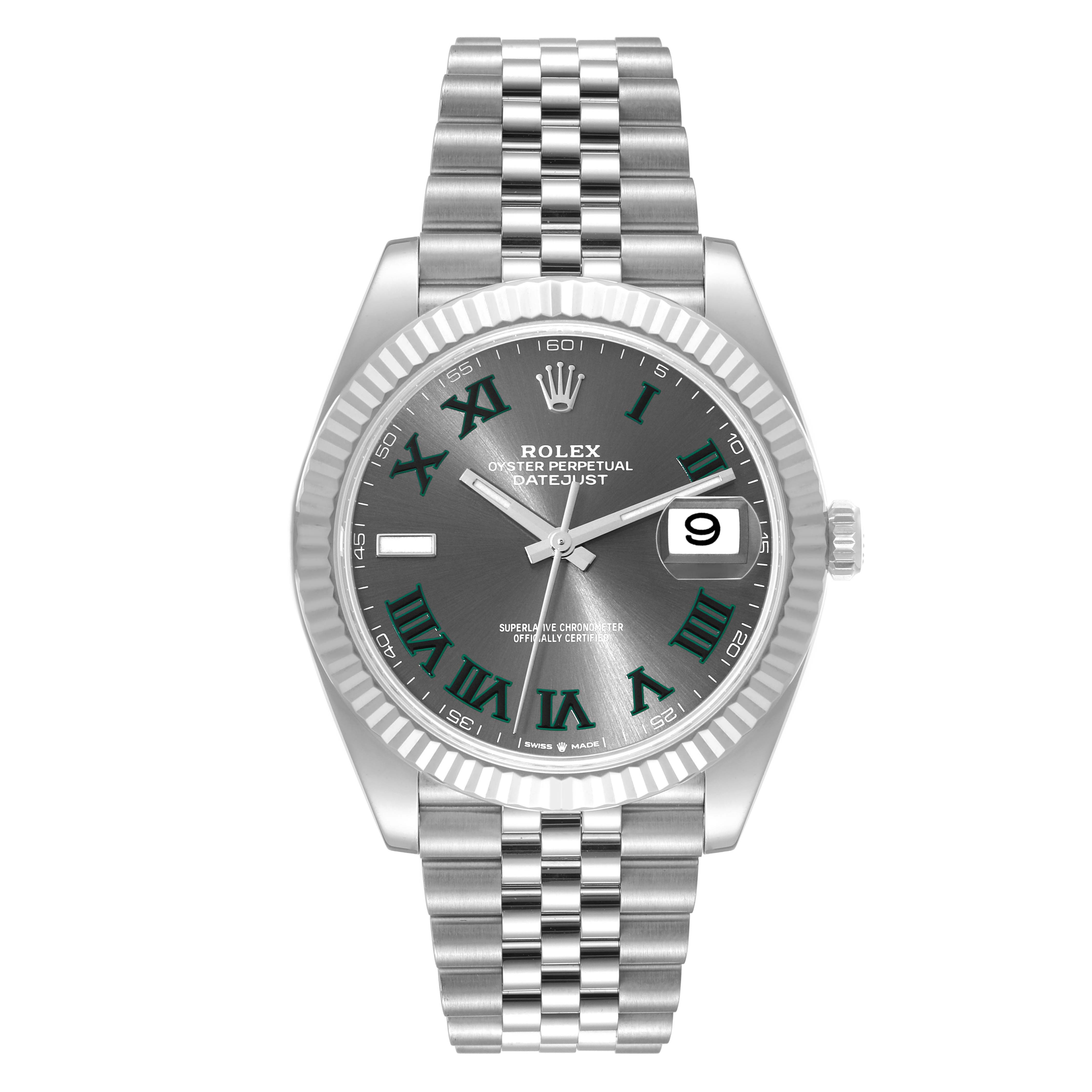 The image shows a front view of the Rolex Datejust 41 126334 Men's Stainless Steel Grey Dial 126334 Men's Stainless Steel Grey Dial watch, featuring its dial, bezel, hands, bracelet, and date window.