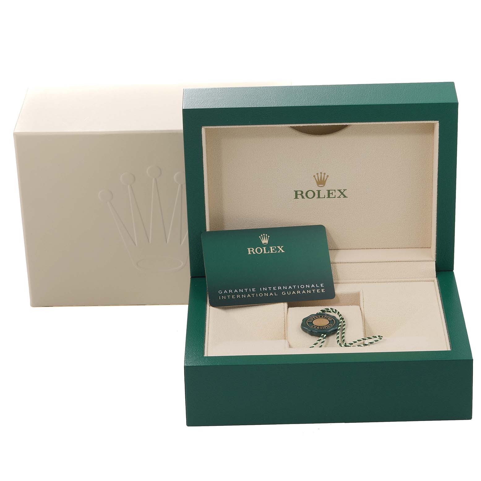 The image shows the empty packaging box, warranty card, and green seal of a Rolex Datejust 41 126334 Men's Stainless Steel Grey Dial 126334 Men's Stainless Steel Grey Dial watch, viewed from the front.