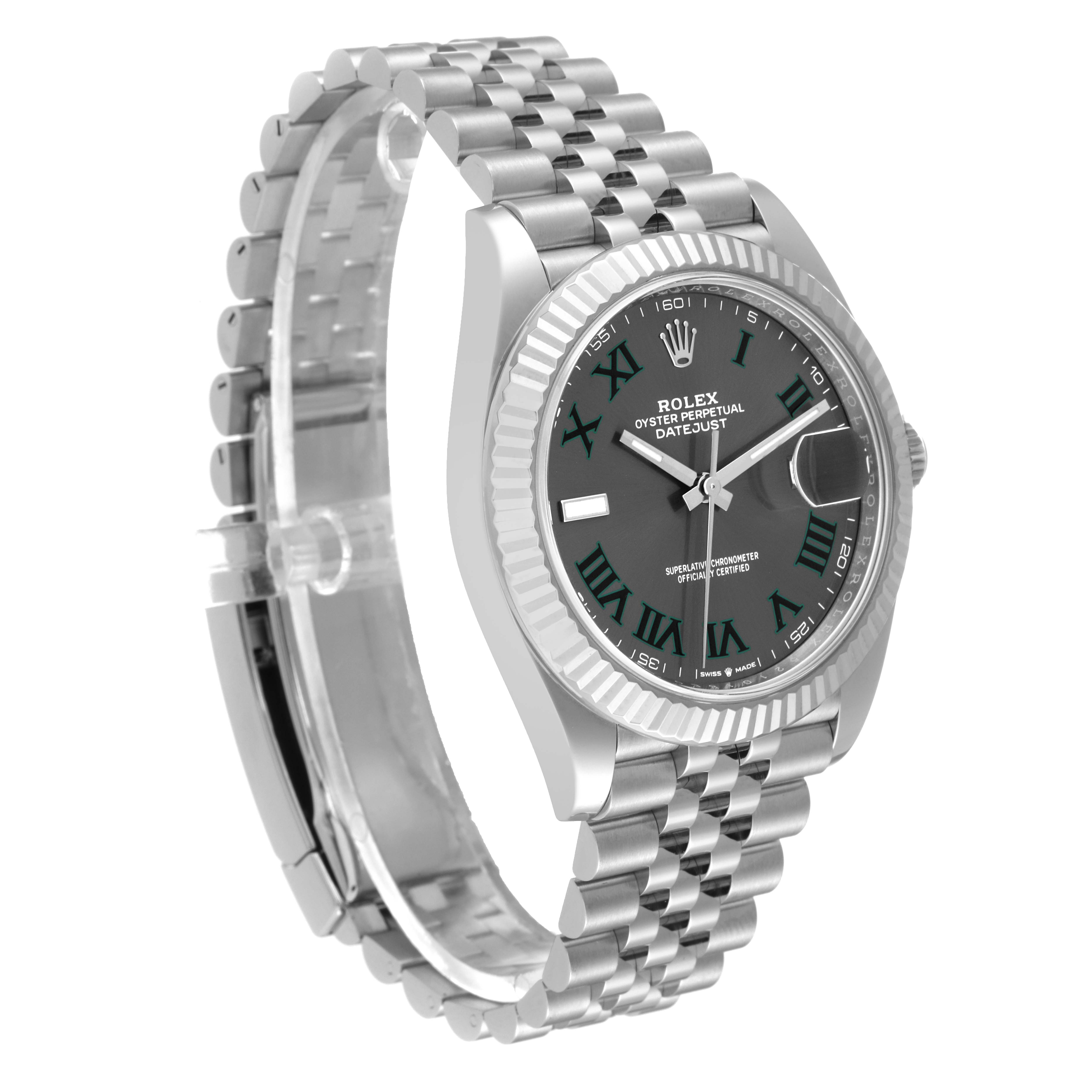The angle shows a three-quarter view of the Rolex Datejust 41 126334 Men's Stainless Steel Grey Dial 126334 Men's Stainless Steel Grey Dial, displaying the face, fluted bezel, and Jubilee bracelet.