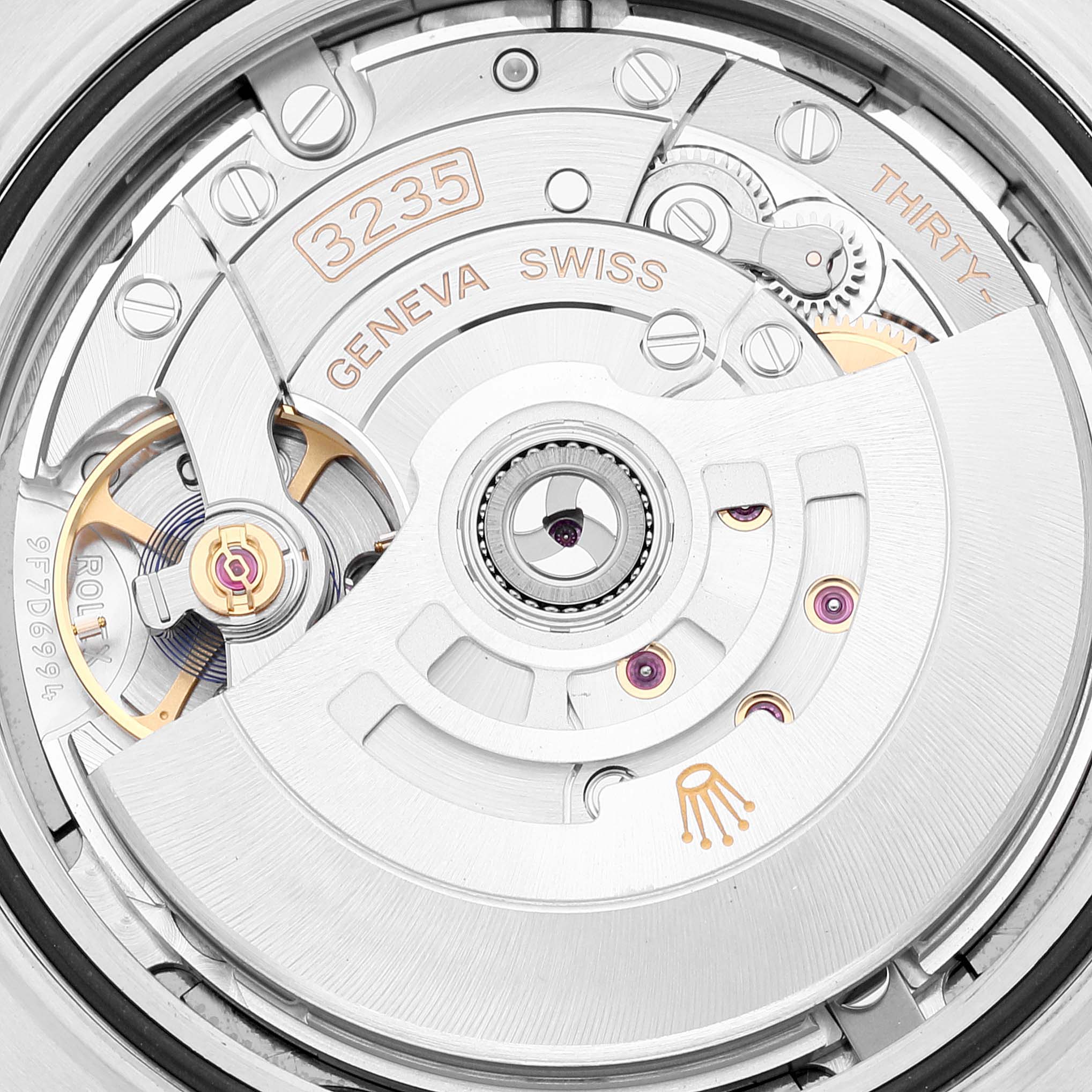 This image shows a close-up view of the movement mechanism of the Rolex Datejust 41 126334 Men's Stainless Steel Grey Dial 126334 Men's Stainless Steel Grey Dial watch, model 3235.