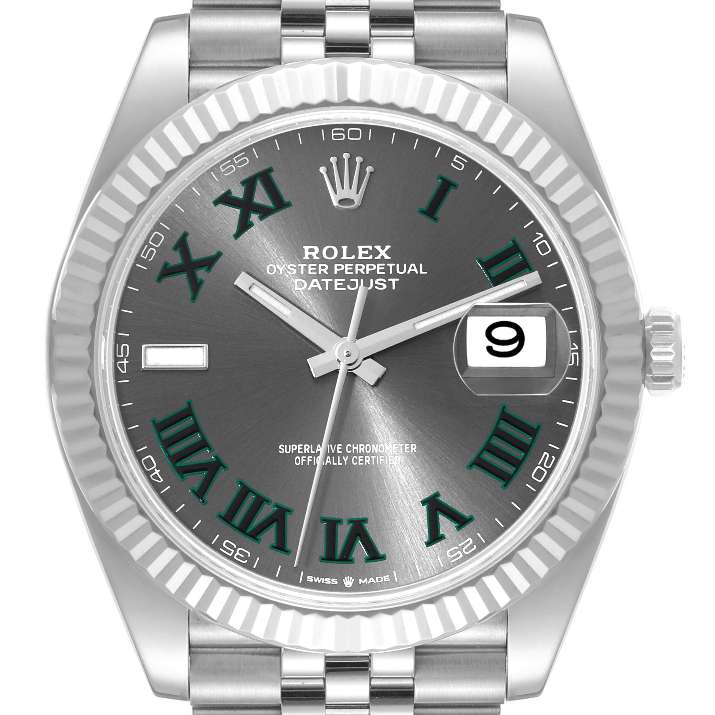 The image shows a front view of the Rolex Datejust 41 126334 Men's Stainless Steel Grey Dial 126334 Men's Stainless Steel Grey Dial watch, highlighting its dial, hands, bezel, date display, and part of the bracelet.
