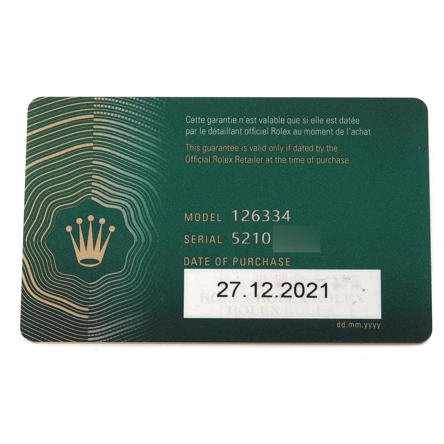 This is a warranty card for the Rolex Datejust 41 126334 Men's Stainless Steel Grey Dial 126334 Men's Stainless Steel Grey Dial model, showing the model number, serial number, and date of purchase.