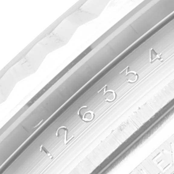 The image shows a close-up of the bezel and engraved serial number on a Rolex Datejust 41 126334 Men's Stainless Steel Grey Dial 126334 Men's Stainless Steel Grey Dial watch.