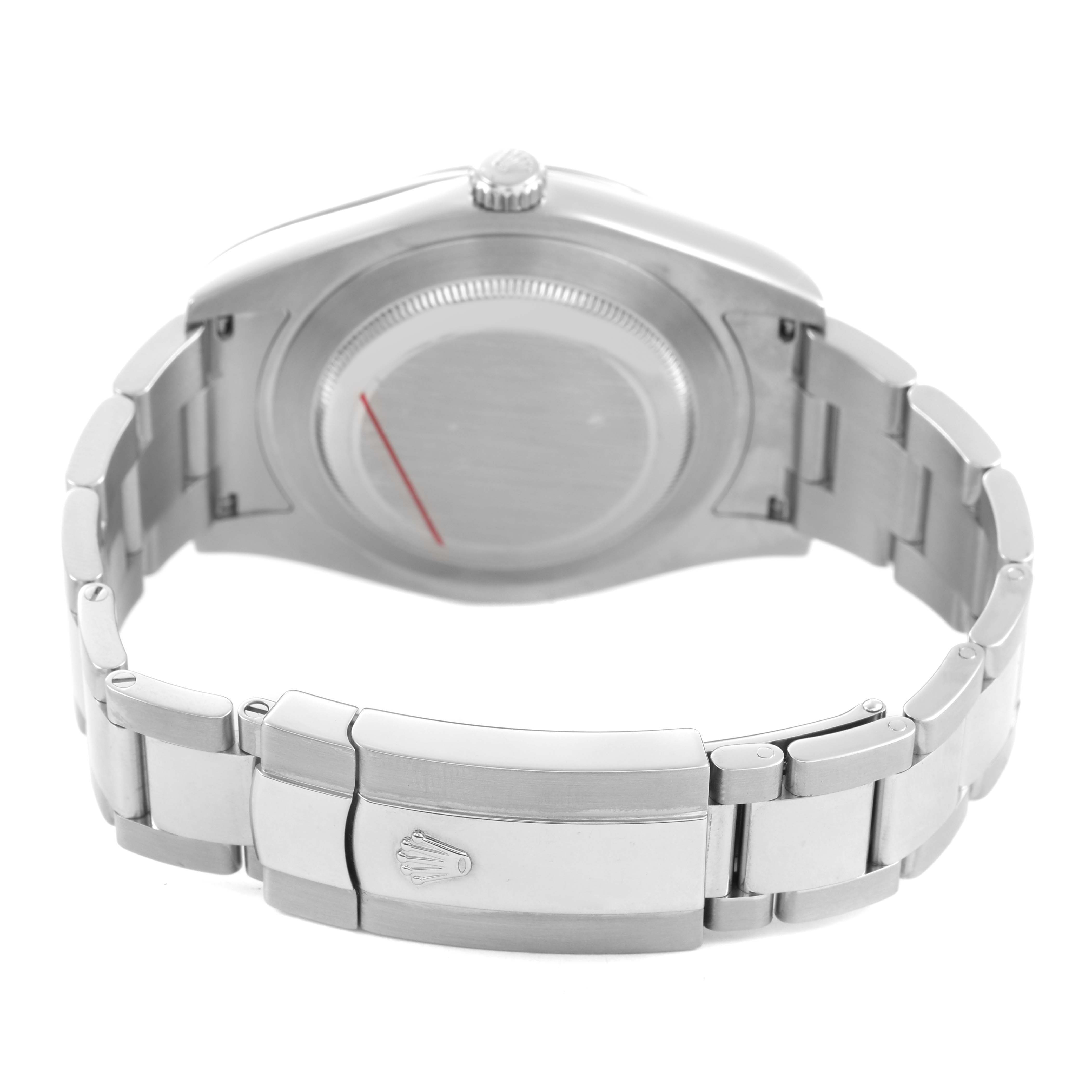 The image shows the back case and bracelet clasp of a Rolex Datejust 41 116300 Men's Stainless Steel White Dial, viewed from the back.