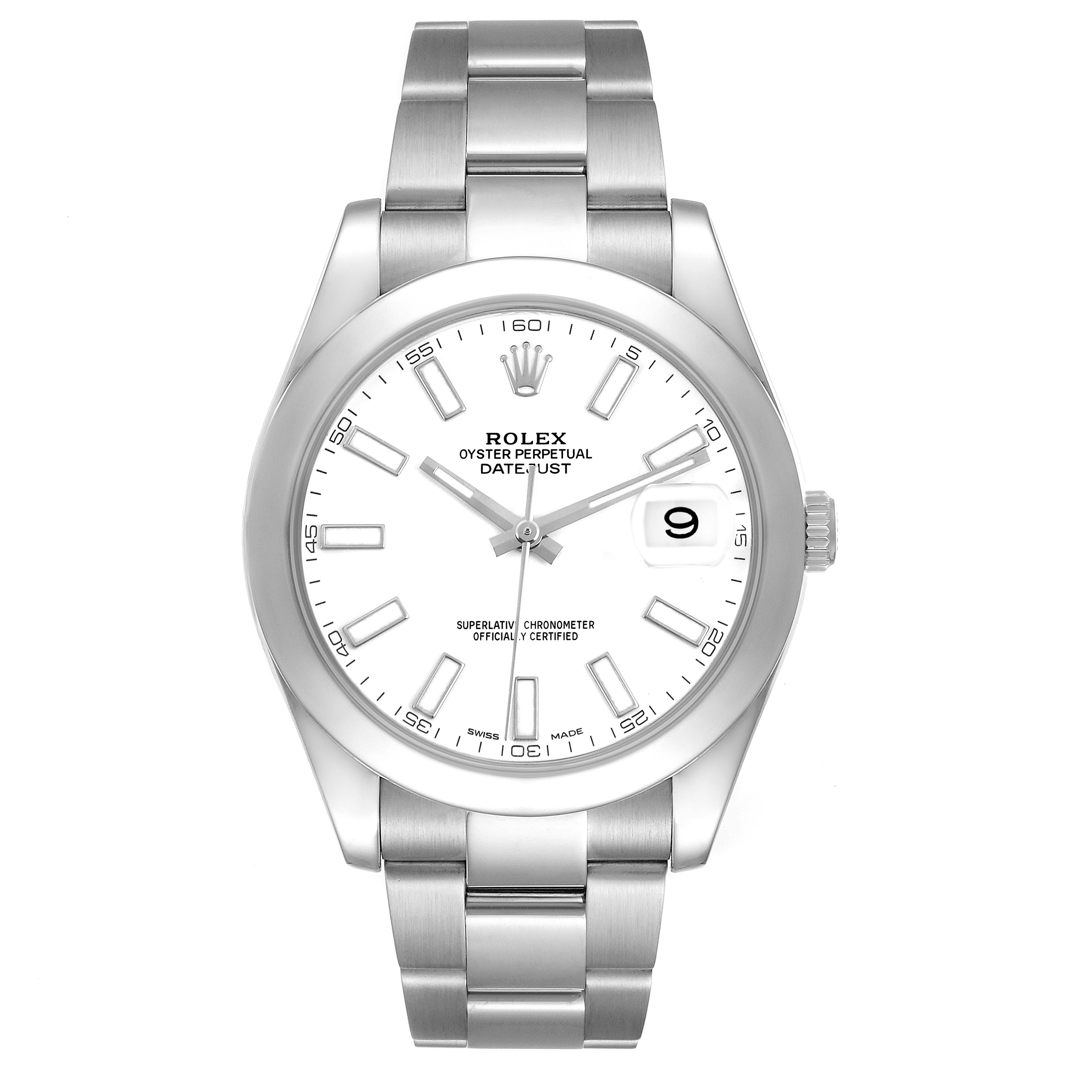 The Rolex Datejust 41 116300 Men's Stainless Steel White Dial is shown from a front angle, highlighting the dial, bracelet, and crown.